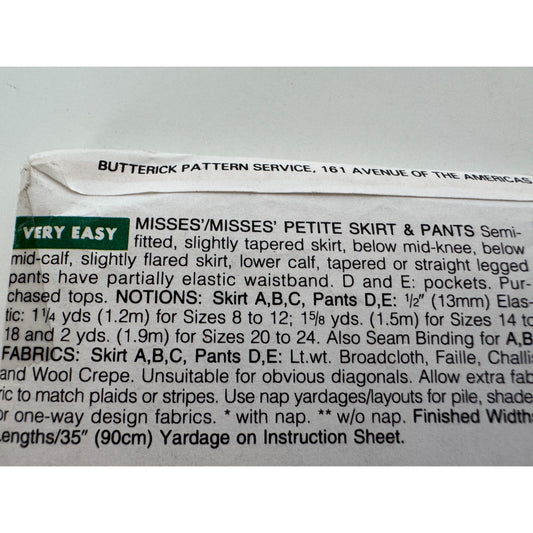 Butterick Sewing Pattern 3163 Slightly Tapered Skirt Pants Classic Easy UC 1990s