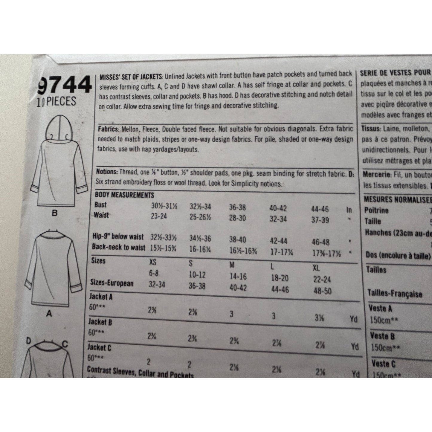 Simplicity Sewing Pattern 9744 Misses 2-Hour Jackets Winter XS S M 6-16 Uncut