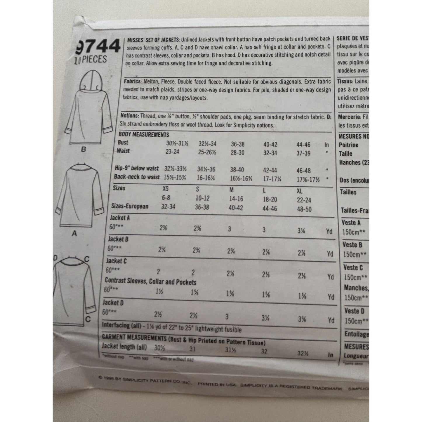Simplicity Sewing Pattern 9744 Misses 2-Hour Jackets Winter XS S M 6-16 Uncut
