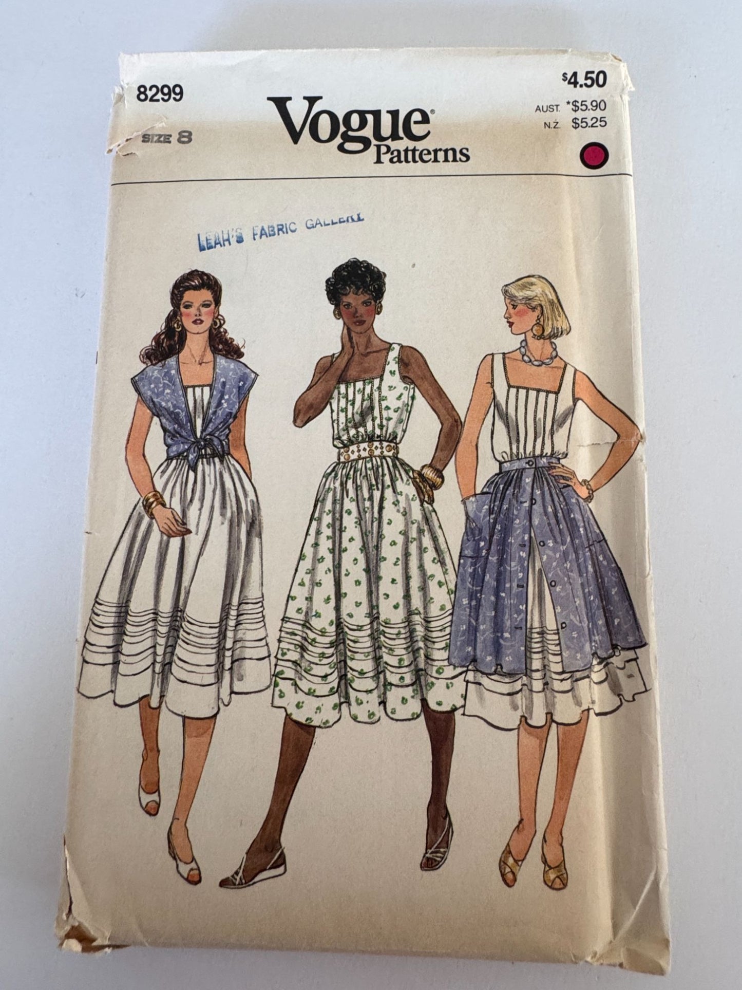 Vogue Sewing Pattern 8299 1980s Full Skirt Summer Dress Fit and Flare 8 UC Rare
