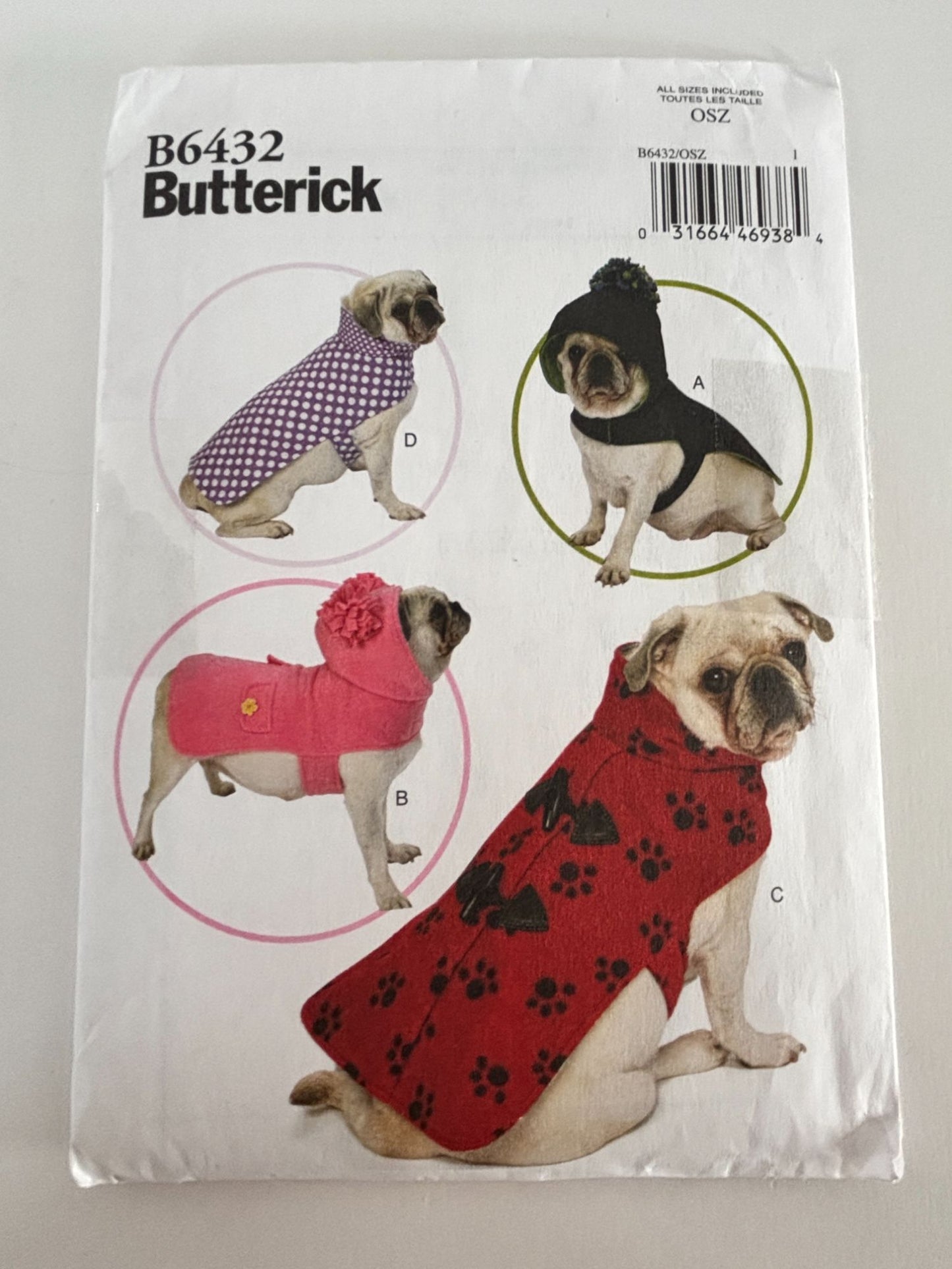 Butterick Sewing Pattern B6432 Dog Coats Pet Clothing Winter Outerwear Hooded UC