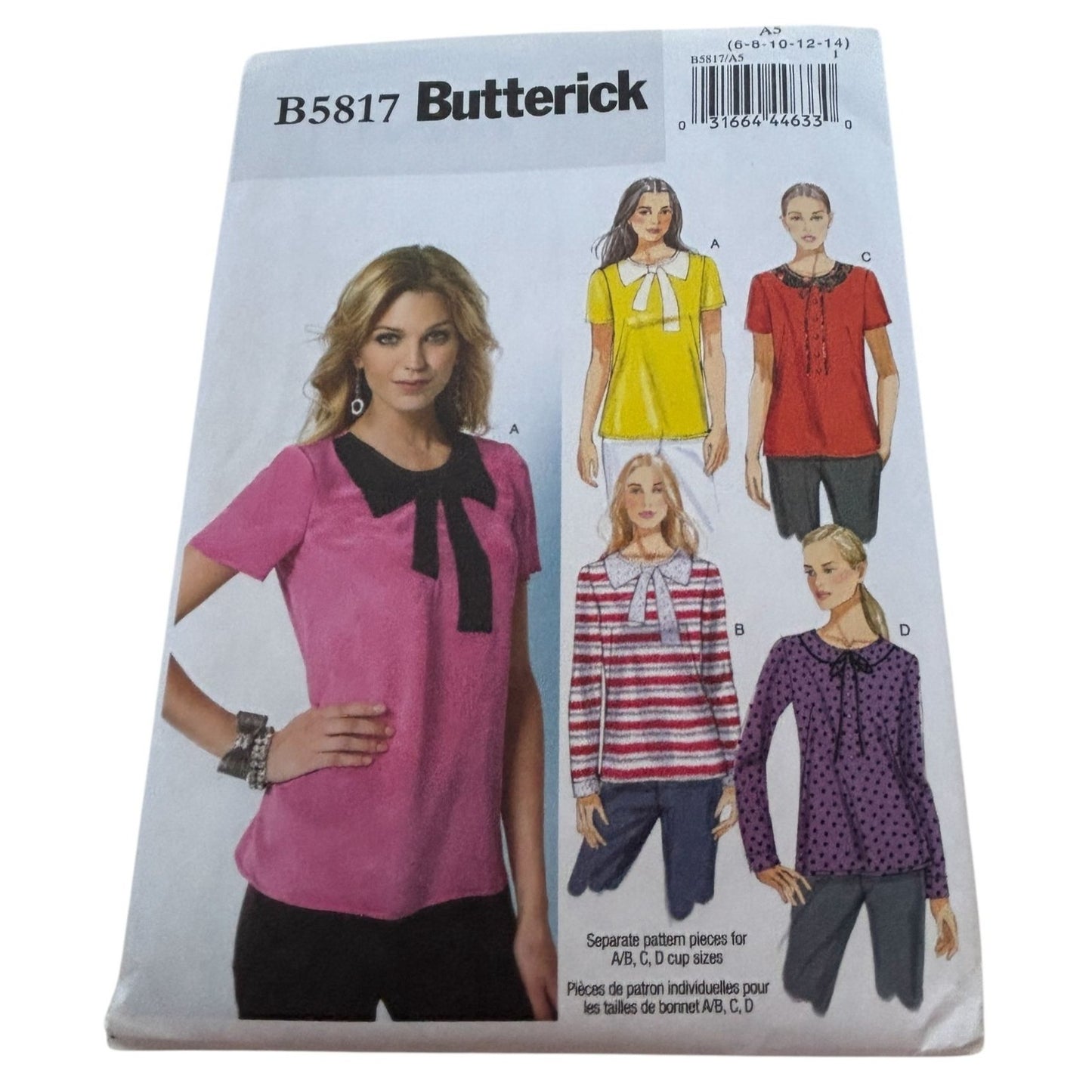Butterick Sewing Pattern B5817 Blouse With Bow Collar Top Shirt Sizes 6-14 Uncut