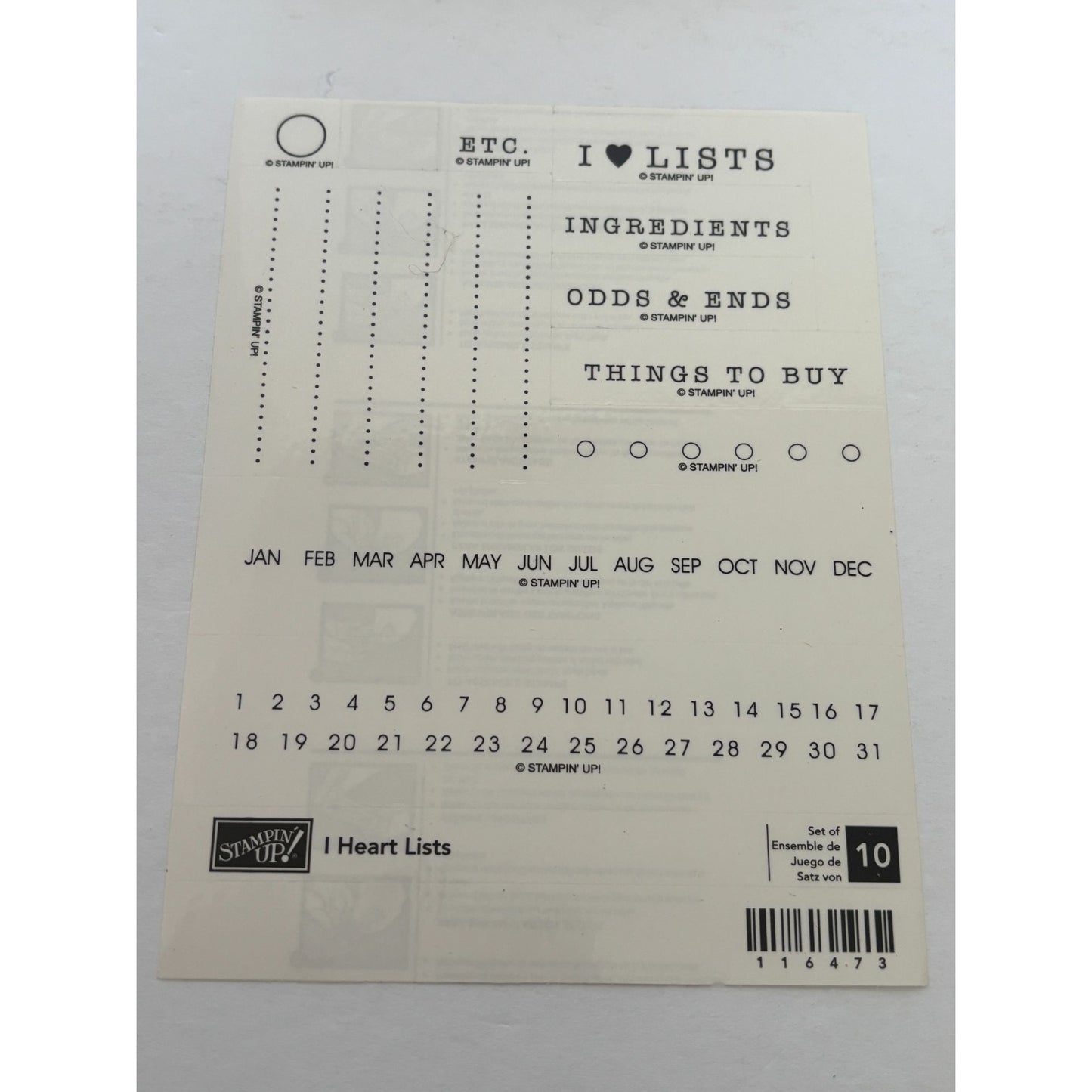 Stampin Up Rubber Stamp Set I Heart Lists Set Of 10 Planner Things to Buy Months