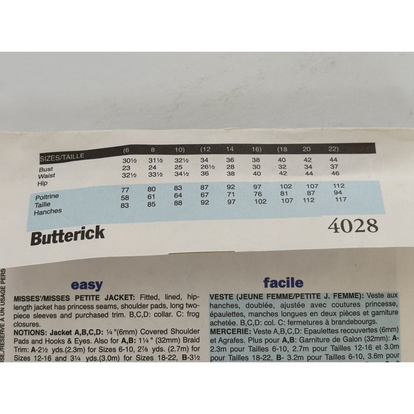 Butterick Sewing Pattern 4028 Misses Work Jacket Career Blazer 18 20 22 Uncut