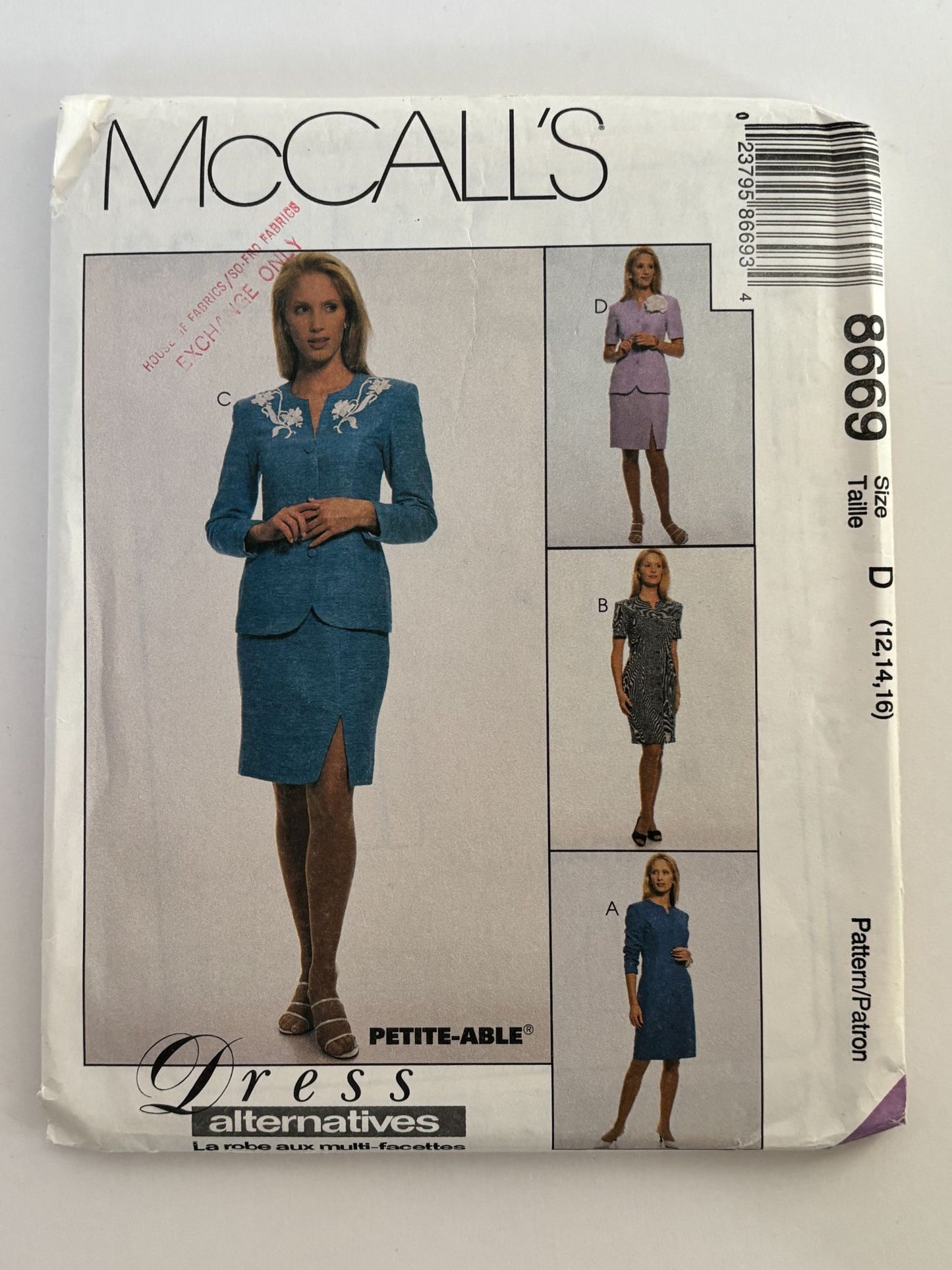 McCalls Sewing Pattern 8669 Dress Skirt Jacket Blazer Work Career 12 14 16 Uncut