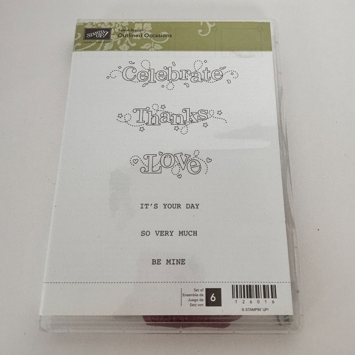 Stampin Up Clear Mount Rubber Stamp Set Outlined Occasions Celebrate Thanks Love Be Mine