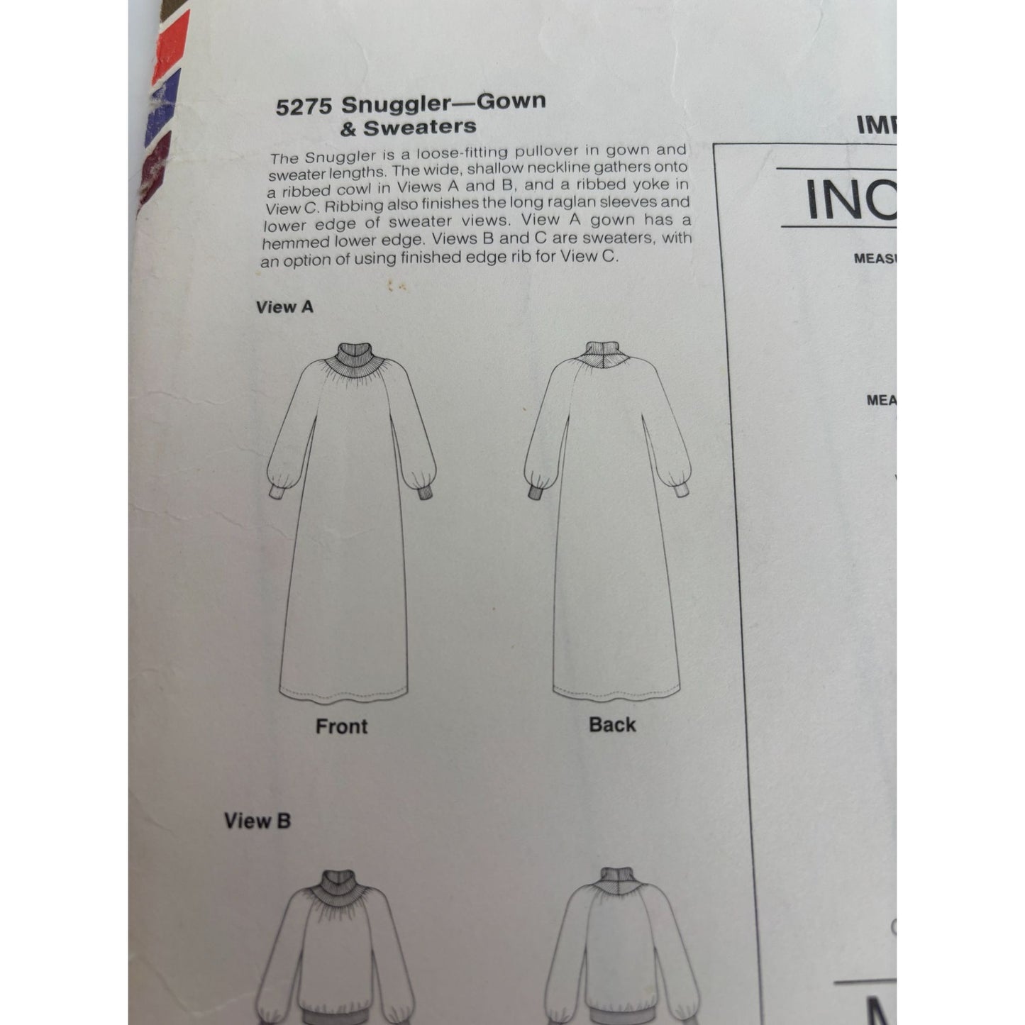 Stretch and Sew Sewing Pattern 5275 Snuggler Gown Dress Sweaters S M L Cowl Neck