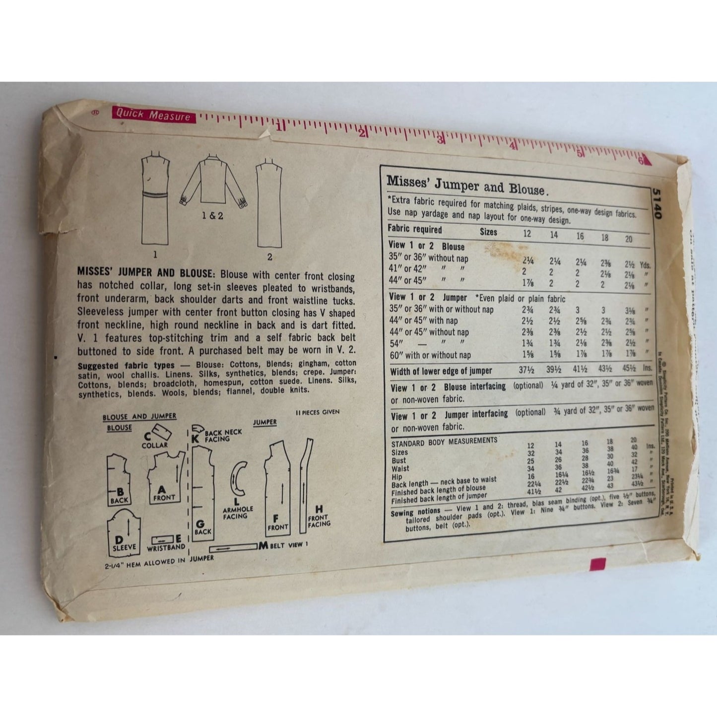 Simplicity Sewing Pattern 5140 Jumper Blouse Size 16 Bust 36 UC Vintage 1960s
