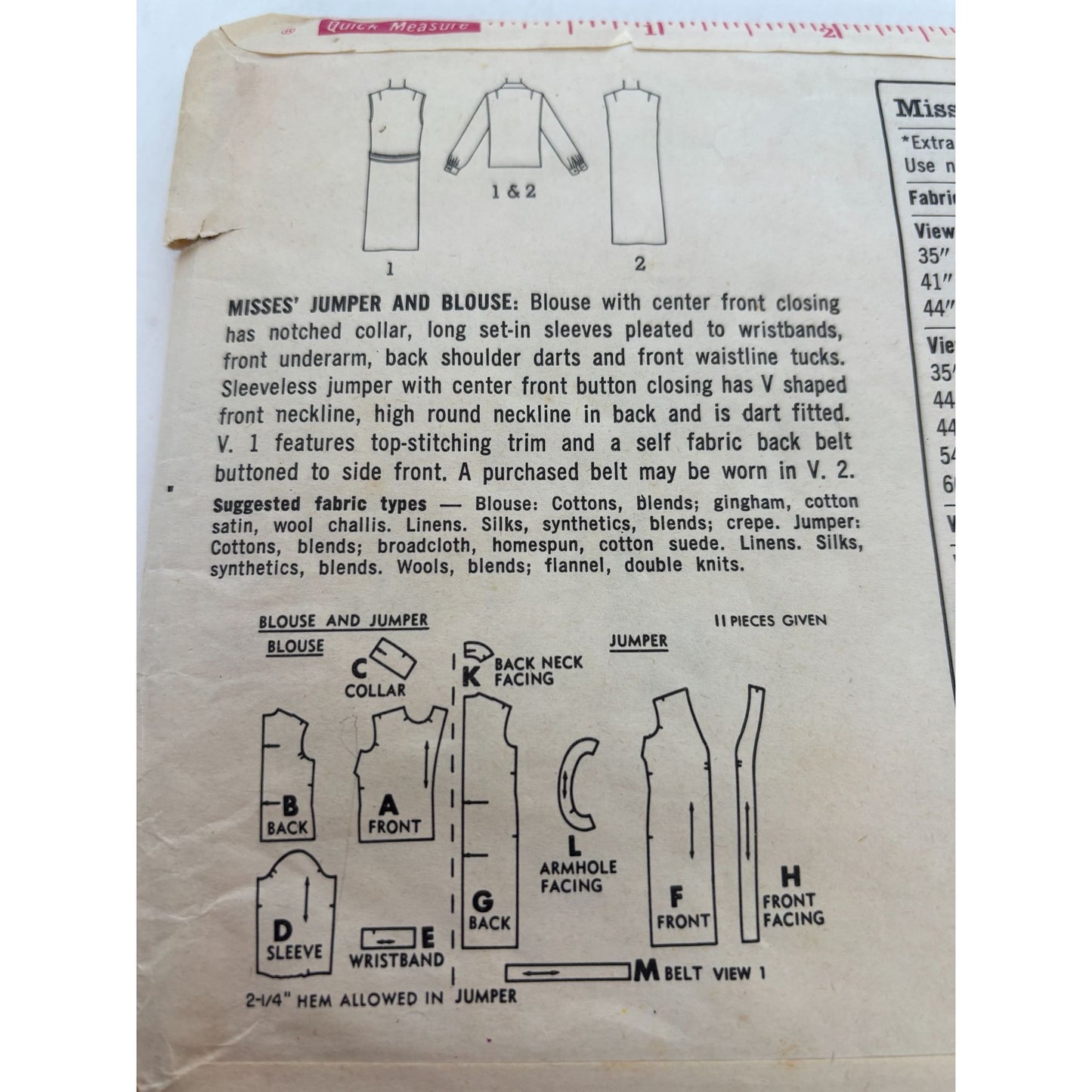 Simplicity Sewing Pattern 5140 Jumper Blouse Size 16 Bust 36 UC Vintage 1960s