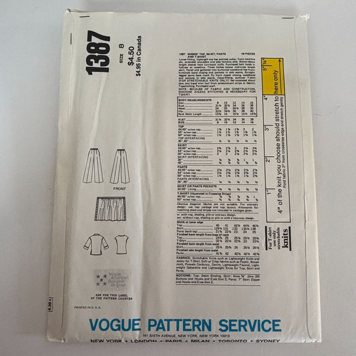 Vogue Sewing Pattern 1387 American Designer Anne Klein 1970s Top Pants Size 8 Uncut