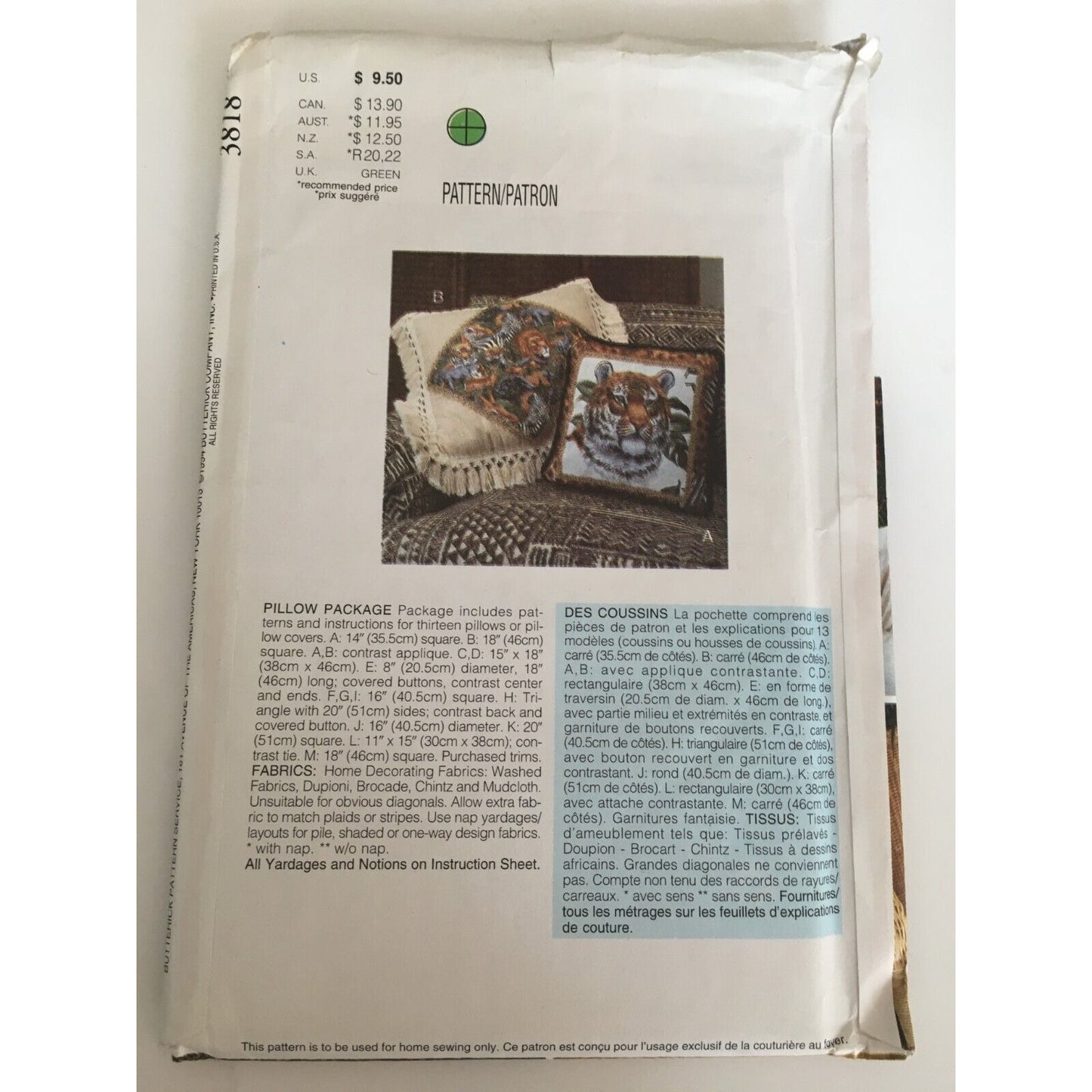 Butterick Sewing Pattern 3818 Home Decor 13 Pillows or Pillow Covers Uncut