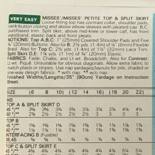 Butterick Sewing Pattern 6042 Misses Top Split Skirt Skort Pantskirt Culotte UC
