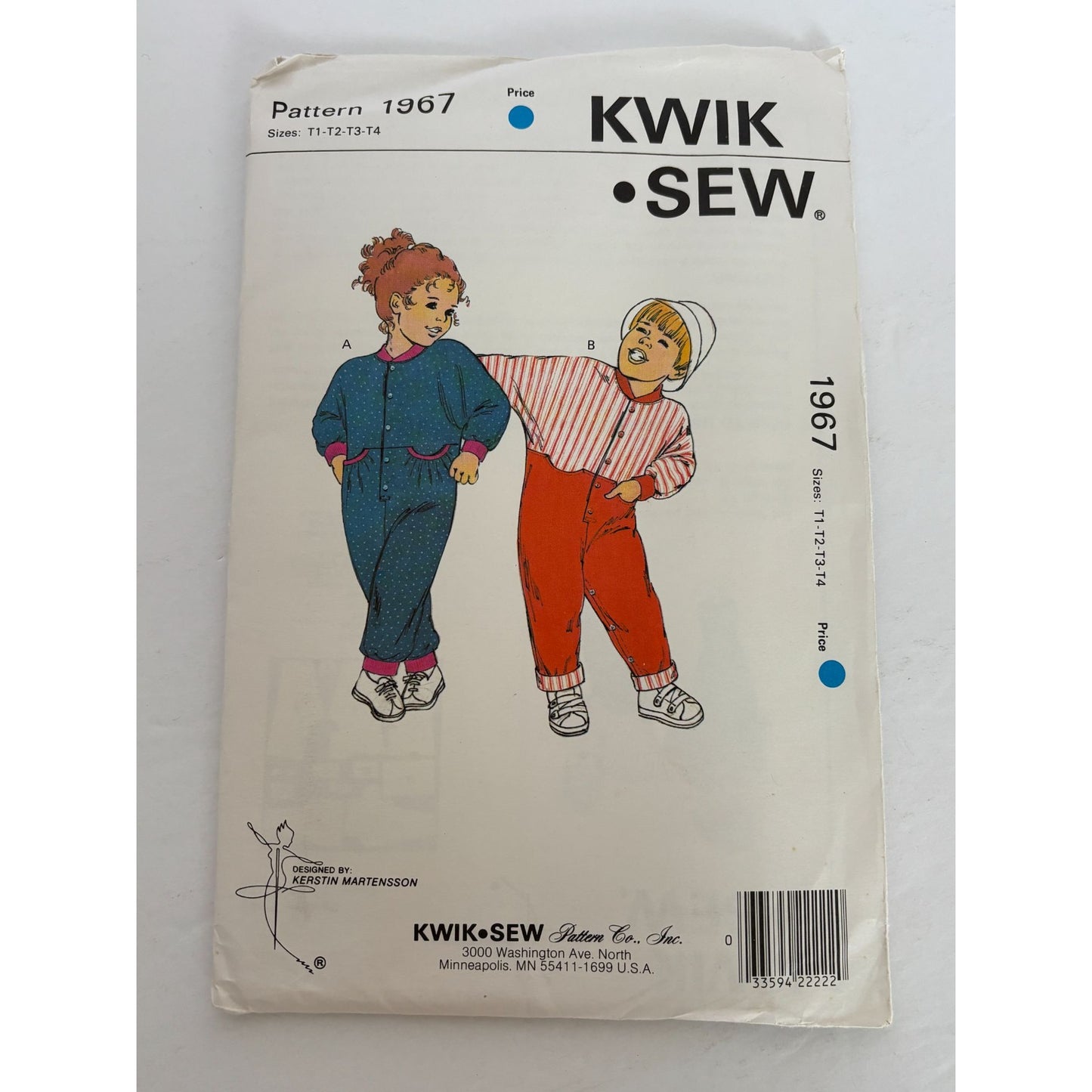 Kwik Sew Sewing Pattern 1967 Toddlers Jumpsuit Easy Dolman Sleeves 2T 3T 4T UC