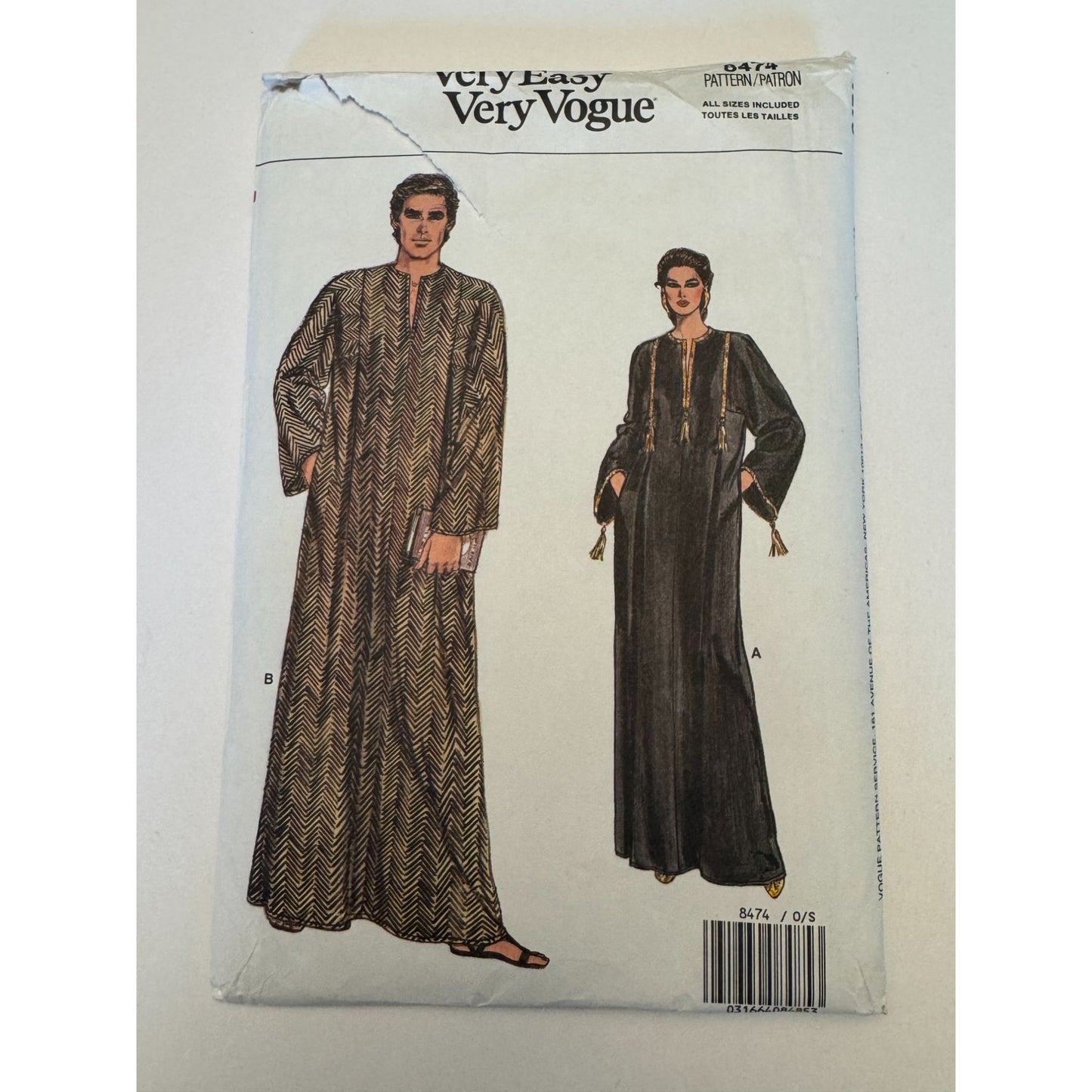 Vogue Sewing Pattern 8474 Caftan Unisex Boho Kaftan Robe Vintage 80s XS-XL Uncut