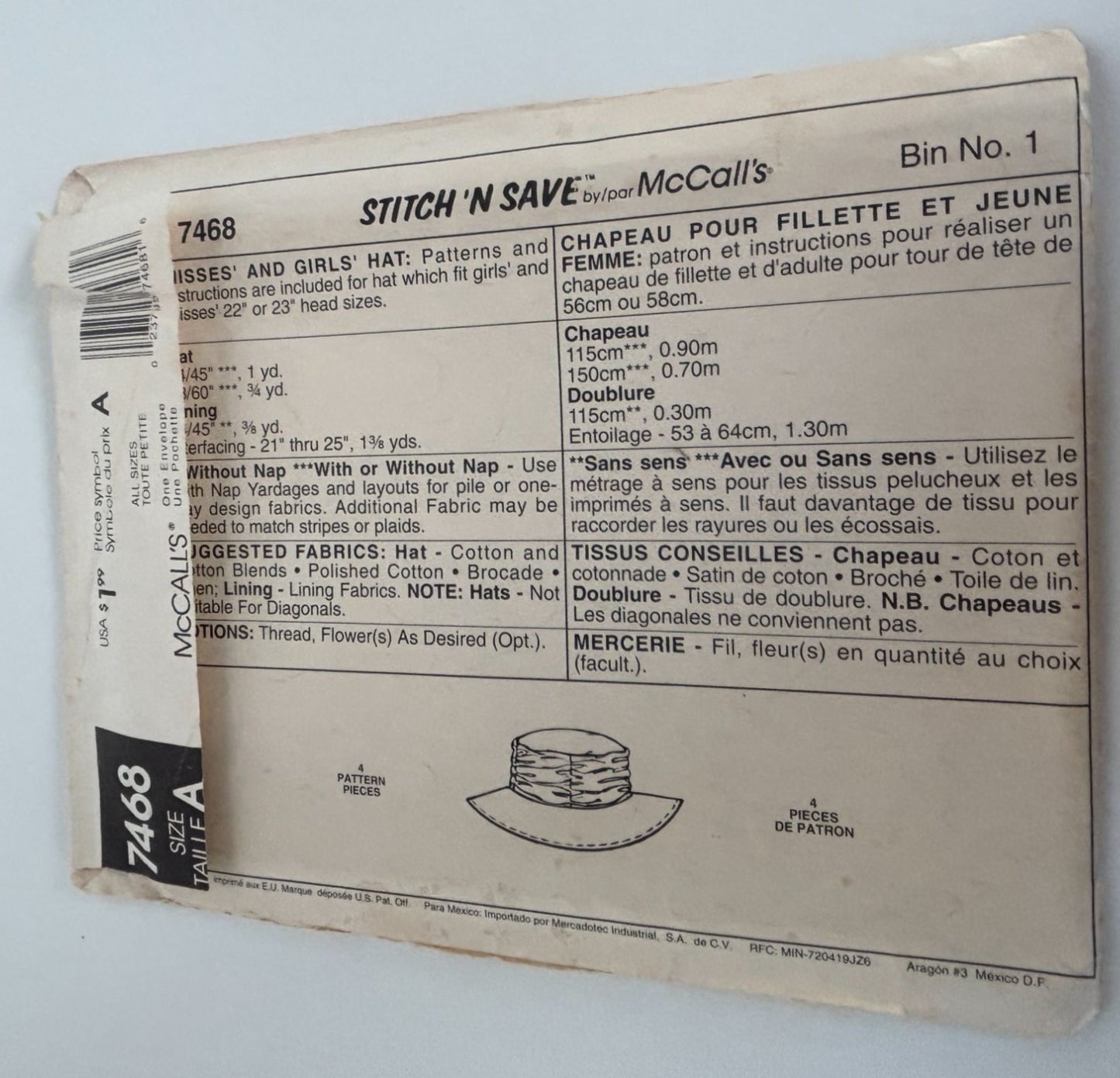 McCalls Sewing Pattern 7468 Hat Easter Spring Easy Misses and Girls Hat Uncut