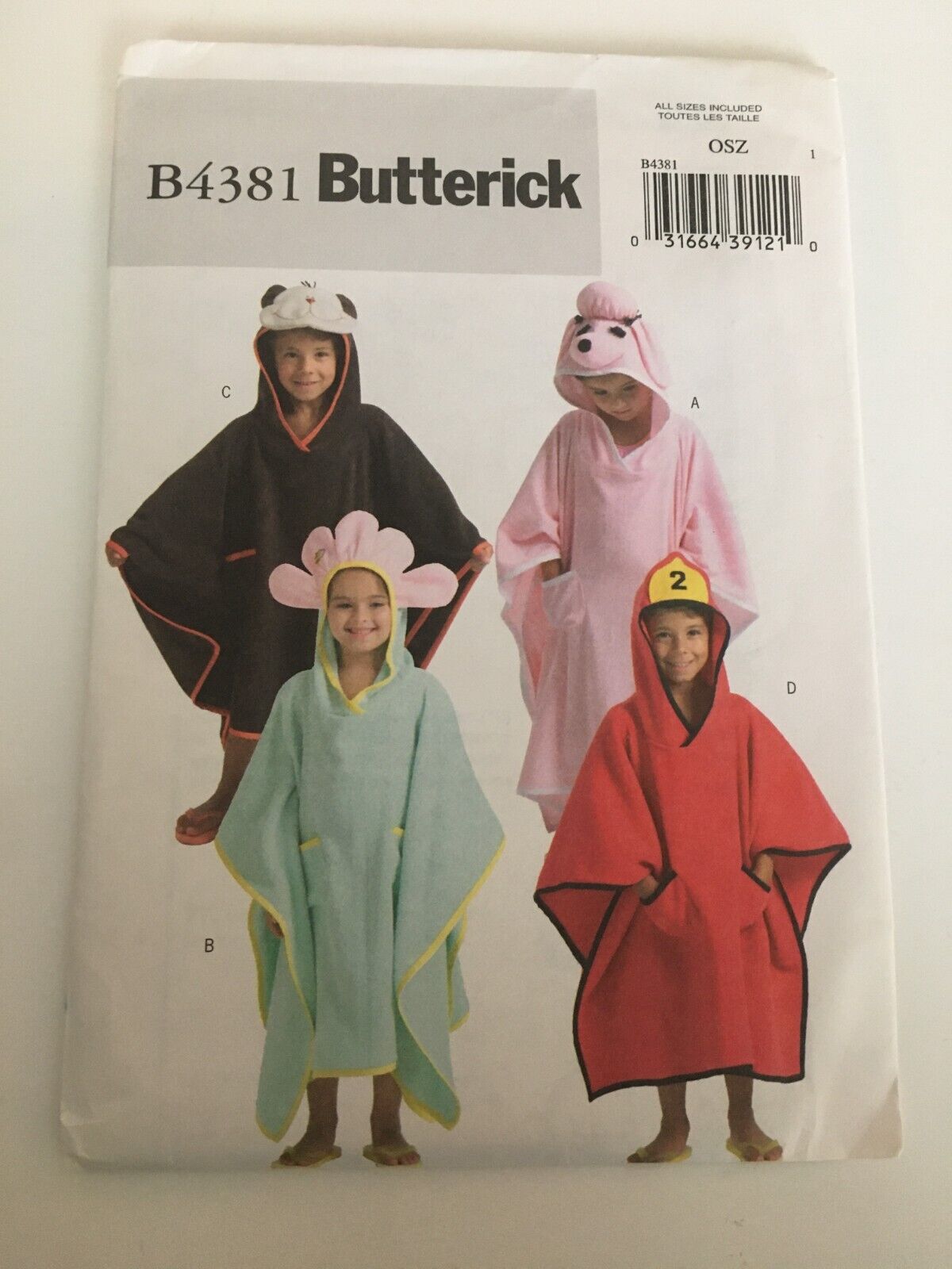 Butterick Sewing Pattern B4381 Childrens Swim Cover-Up Hooded Towels Fireman Dog