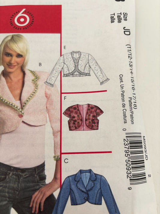 McCalls Sewing Pattern M5093 Bolero Jacket Cropped Blazer Juniors 11-18 Uncut