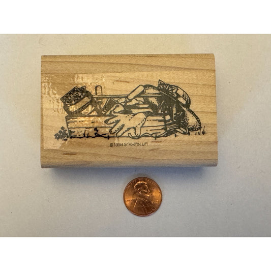 Stampin Up Rubber Stamp Garden Tools Sun Hat Gardener Gardening Card Making Wood