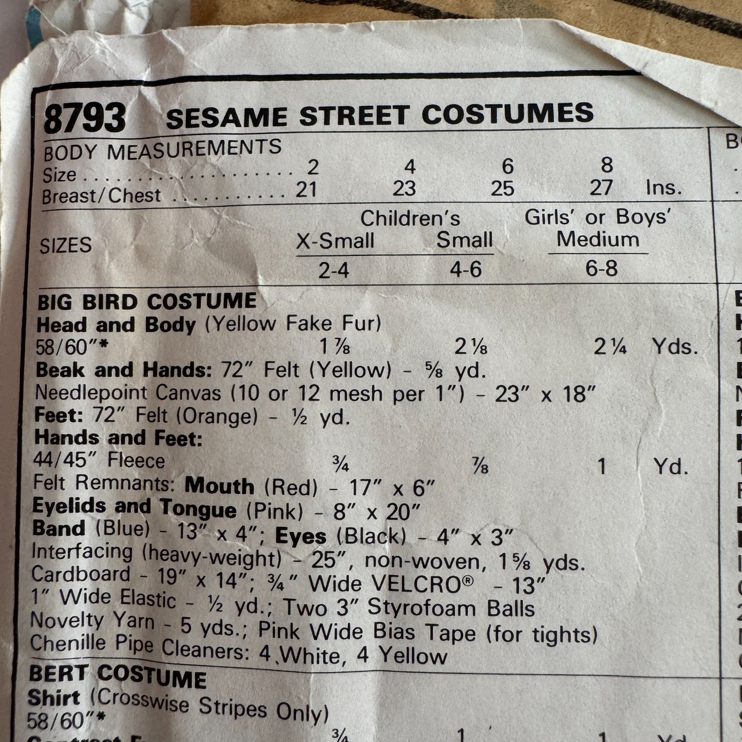 McCalls Sewing Pattern 8793 Sesame Street Costume Big Bird Bert Ernie S 4-6 UC