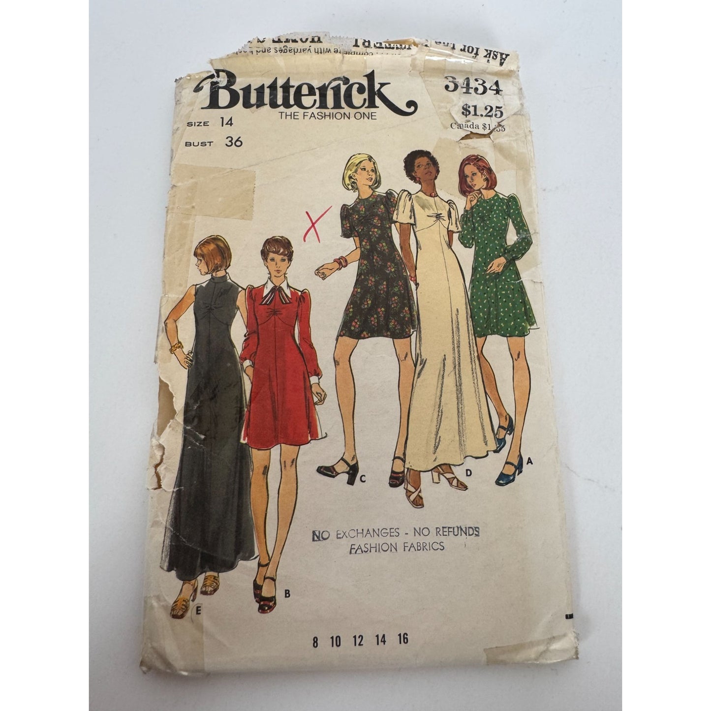 Butterick Sewing Pattern 3434 Slightly Flared Dress Size 14 Bust 36 Uncut 1970s