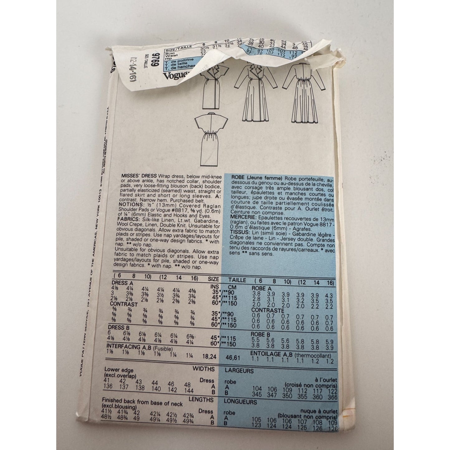 Vogue Sewing Pattern 9769 Wrap Dress 1980s Fashion Vintage Uncut 12 14 16