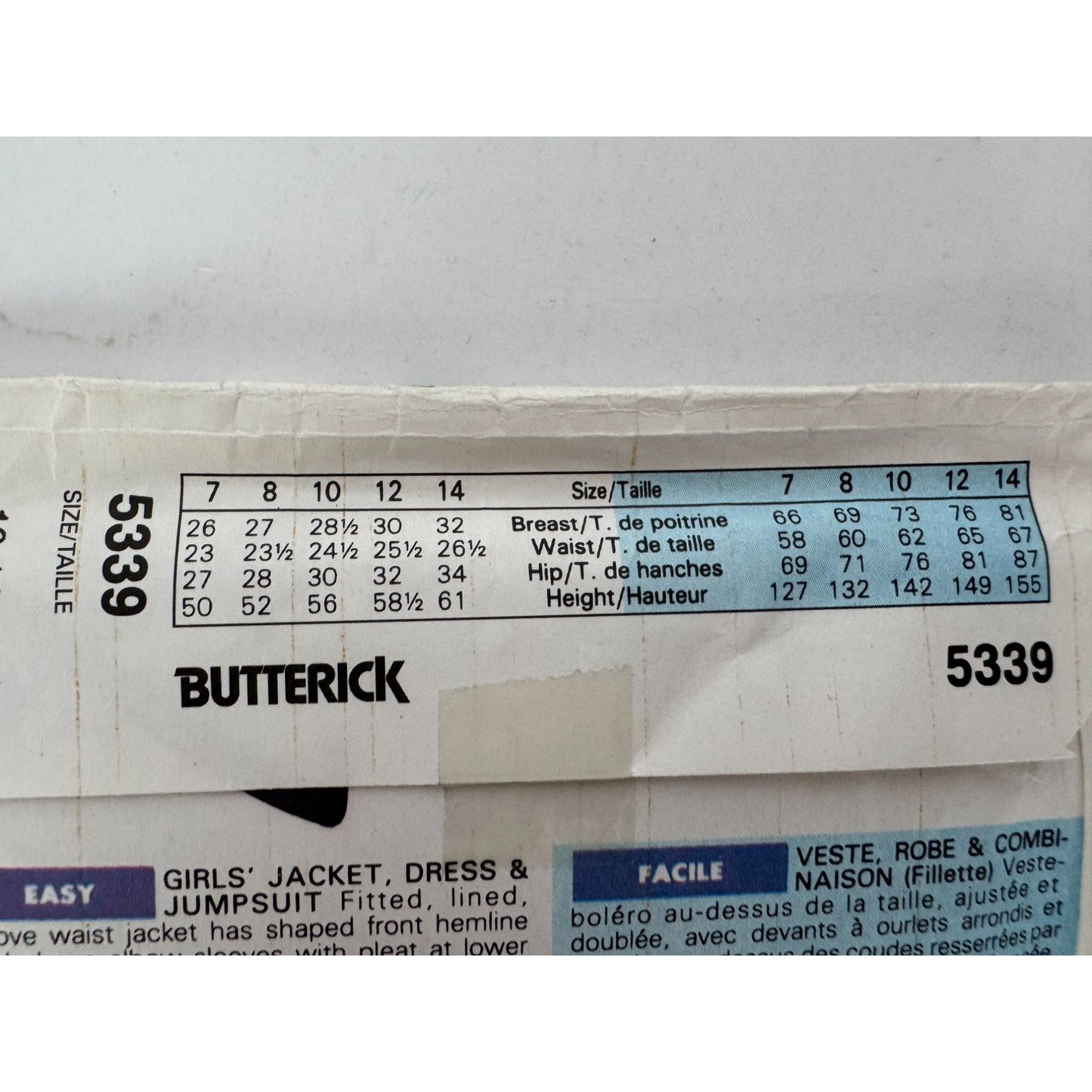 Butterick Sewing Pattern 5339 Girls Jacket Dress Jumpsuit 12-14 Easy 1990s Uncut