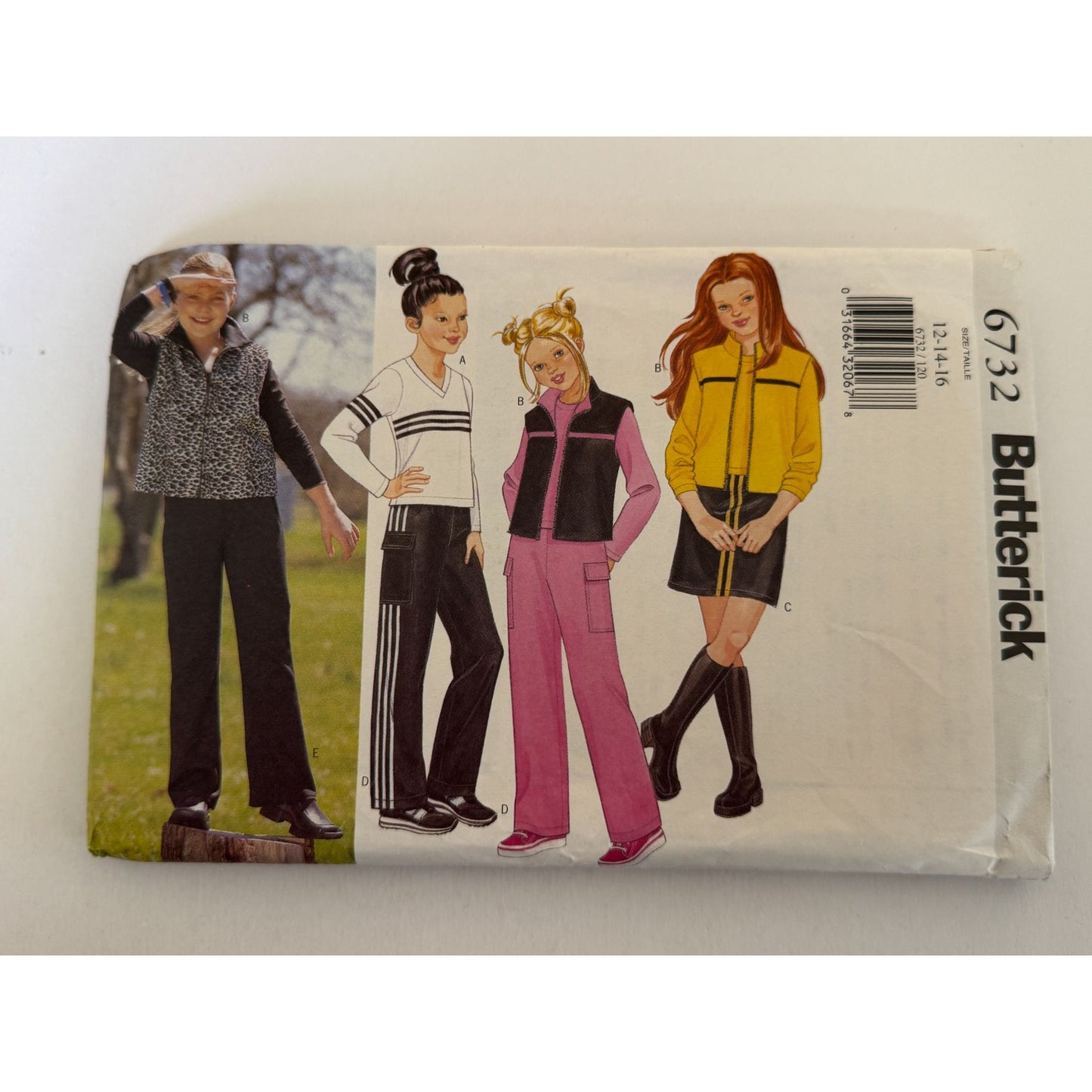 Butterick 6732 Girls Y2K Sewing Pattern Vest Track Pants Top Skirt Outfit Pattern 12-16 Uncut