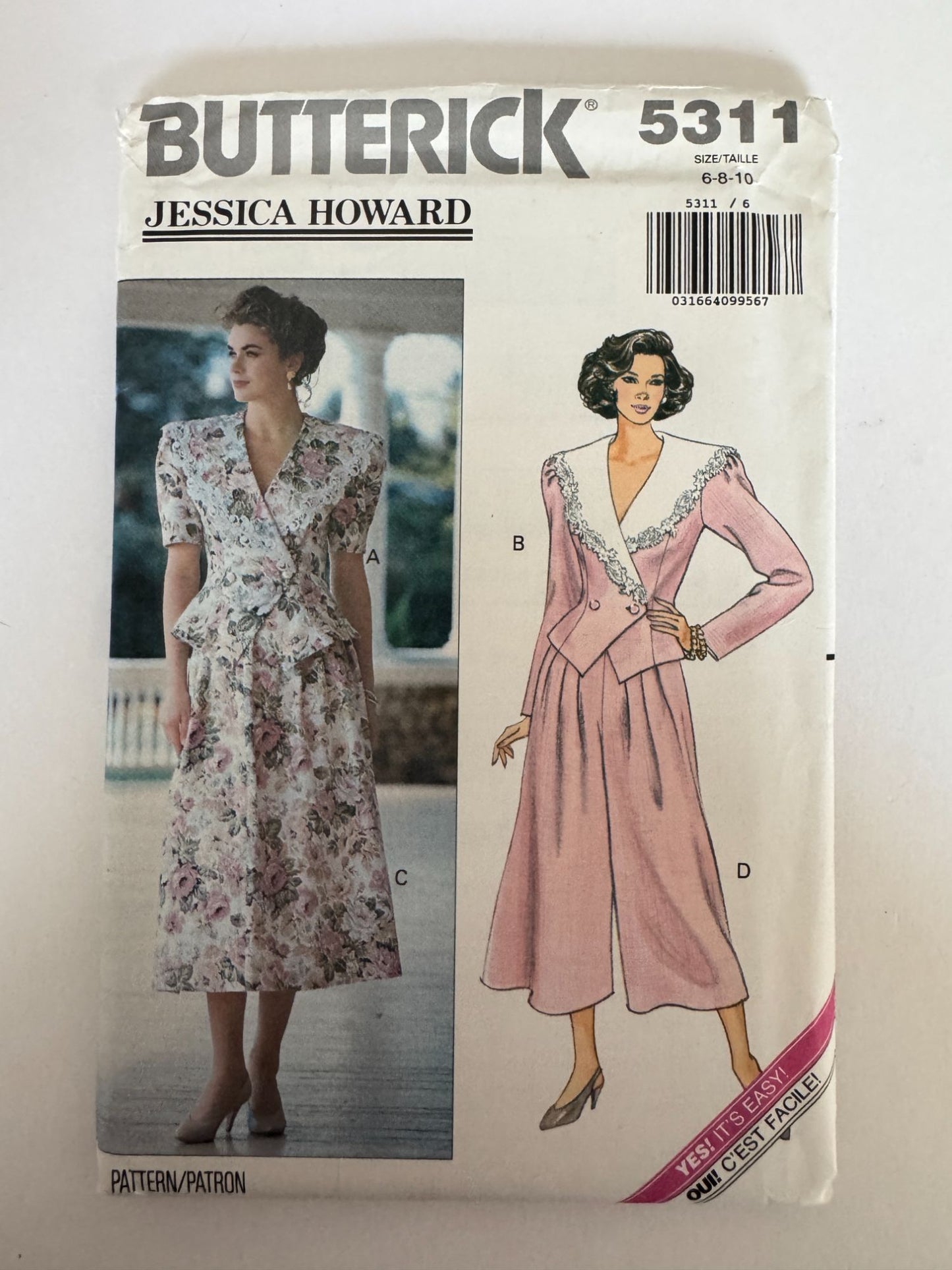 Butterick Sewing Pattern 5311 Top Peplum Skirt Split Skirt Easy 1990s UC 6 8 10
