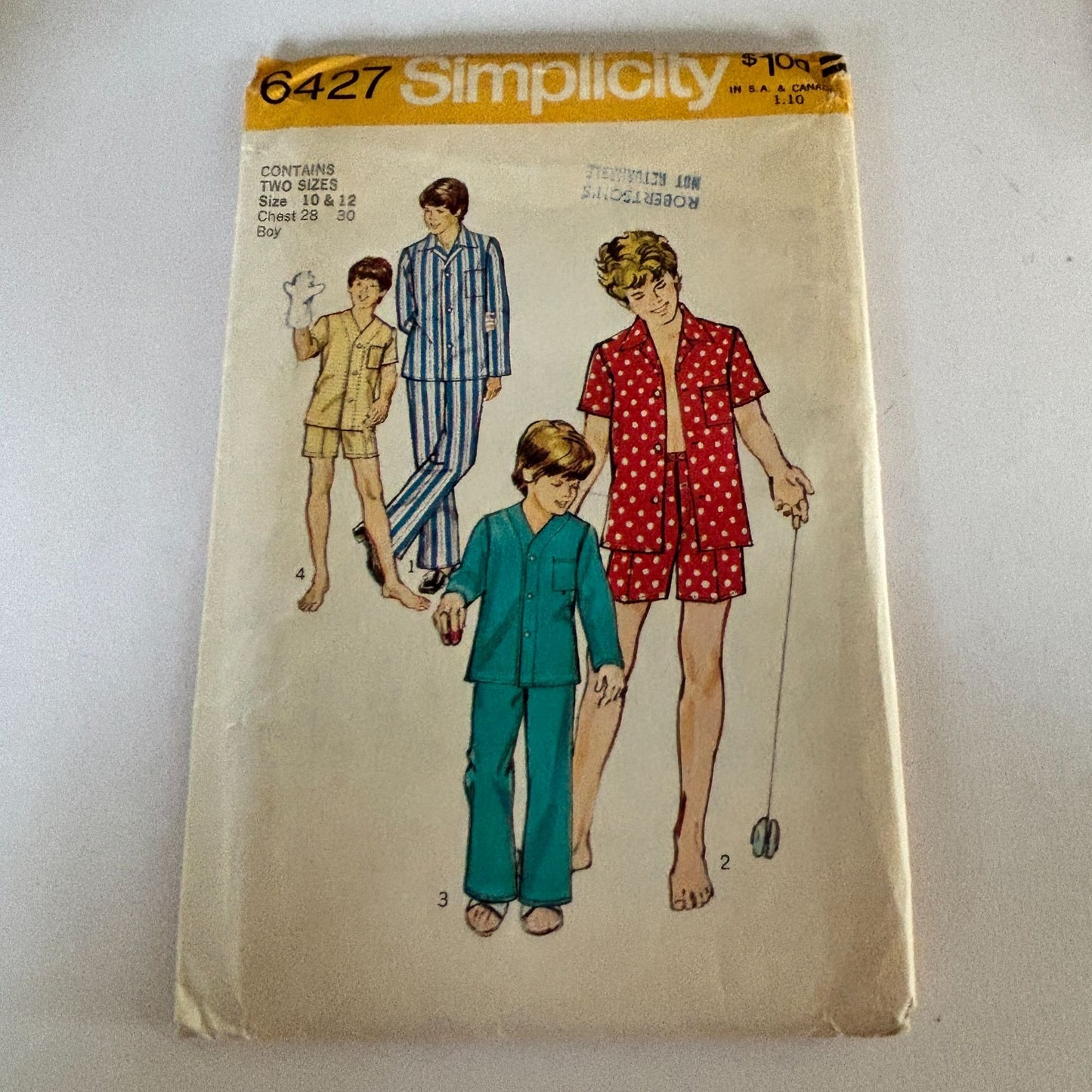 Simplicity Sewing Pattern 6427 Boys Pajamas 70s Retro Sleepwear Set Boys 10 12 Kids Uncut