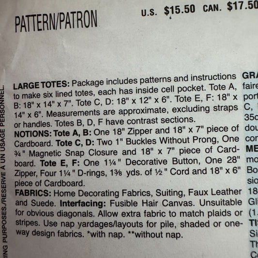 Butterick Sewing Pattern B4318 Large Tote Bag Pocket Travel Accessory Uncut