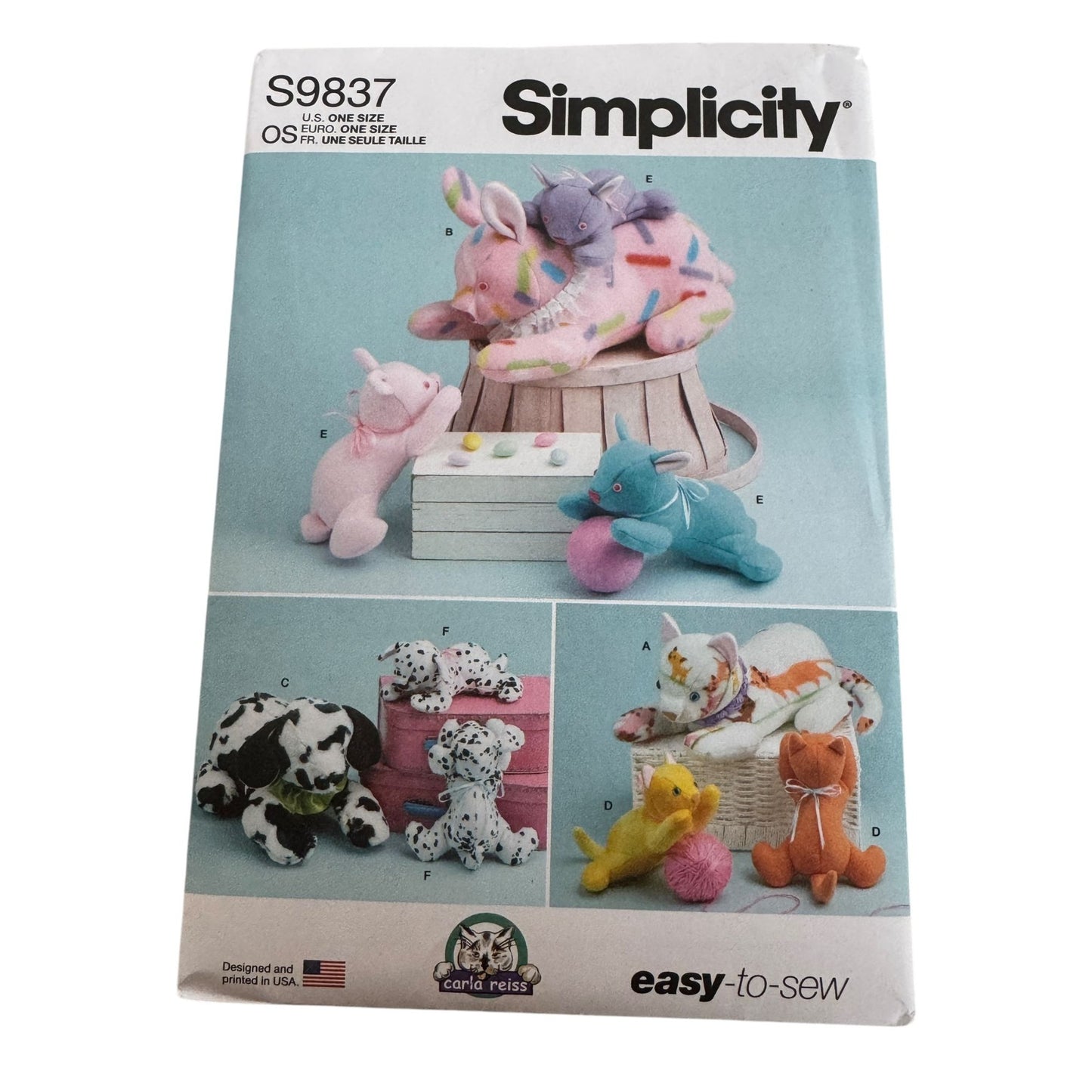 Simplicity Sewing Pattern S9837 Plush Stuffed Animals Cat Dog Bunny Rabbit Easy