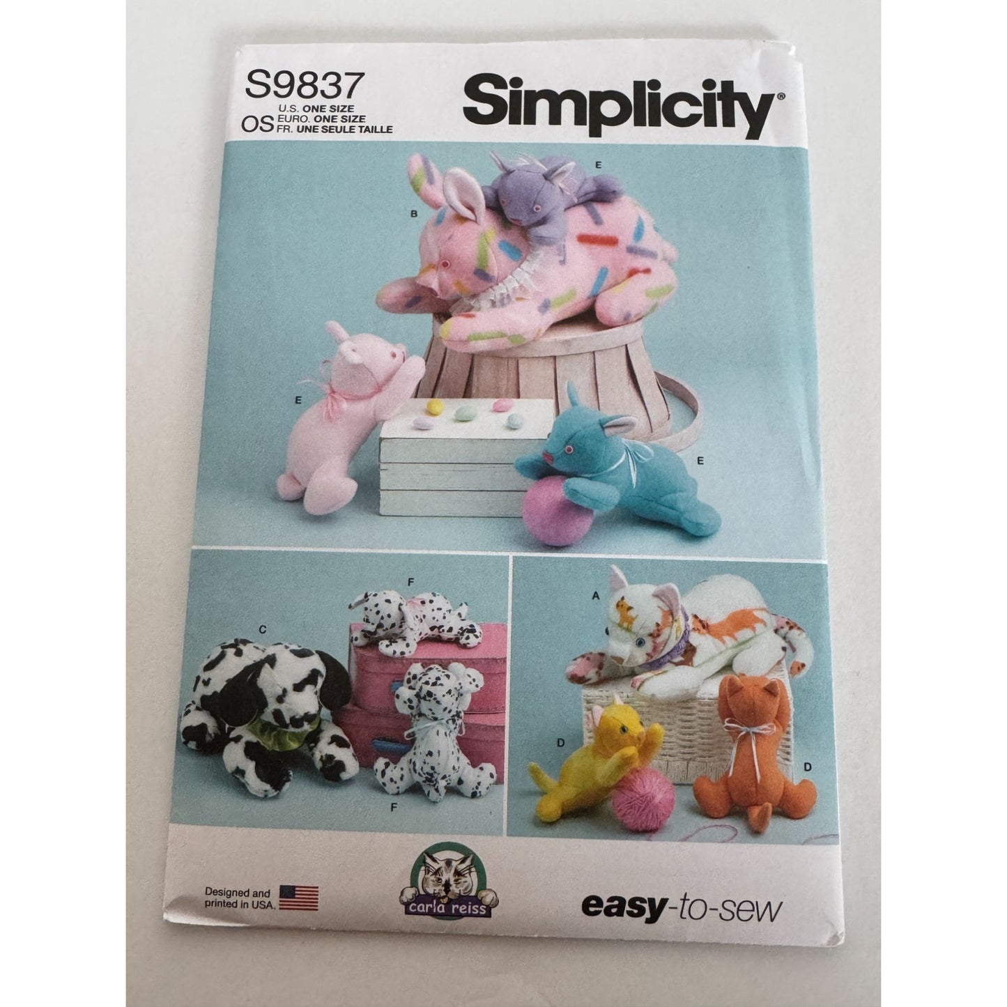 Simplicity Sewing Pattern S9837 Plush Stuffed Animals Cat Dog Bunny Rabbit Easy