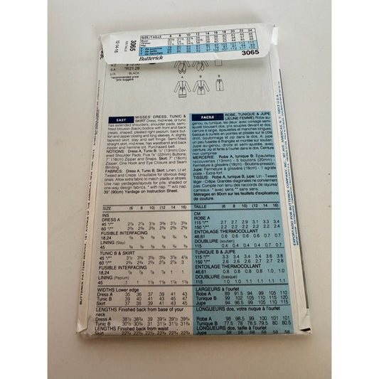 Butterick Sewing Pattern 3065 Misses Dress Tunic and Skirt Sizes 12-14-16 Uncut