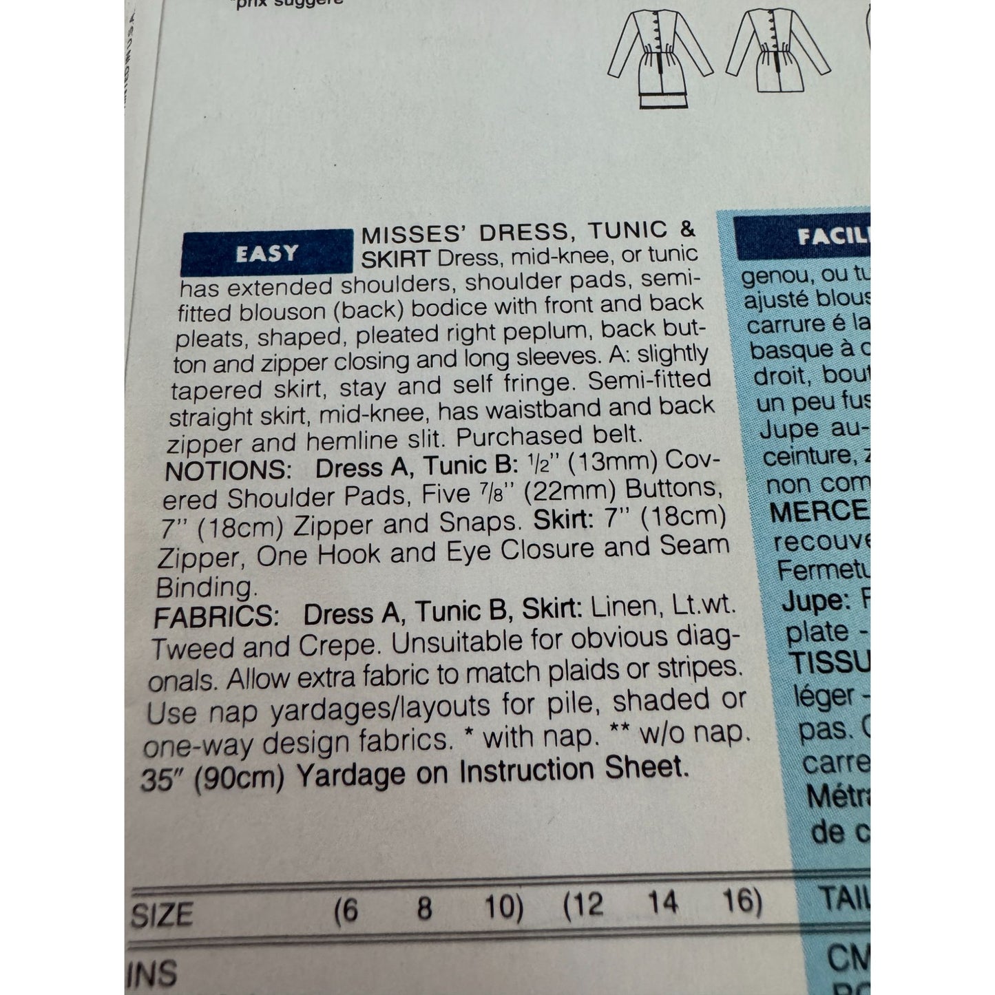 Butterick Sewing Pattern 3065 Misses Dress Tunic and Skirt Sizes 12-14-16 Uncut