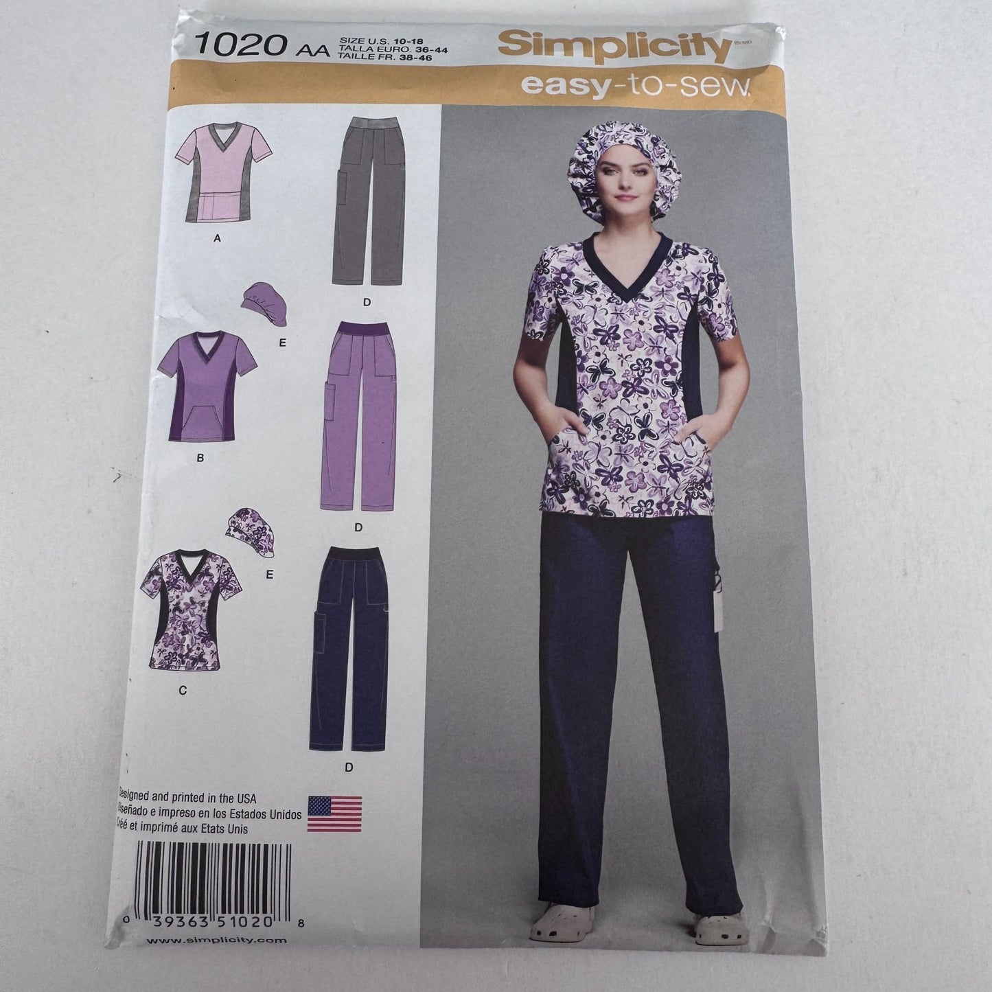Simplicity Sewing Pattern 1020 Medical Scrubs Nurse Scrub Top Pants Easy 10-18 Uncut Hat