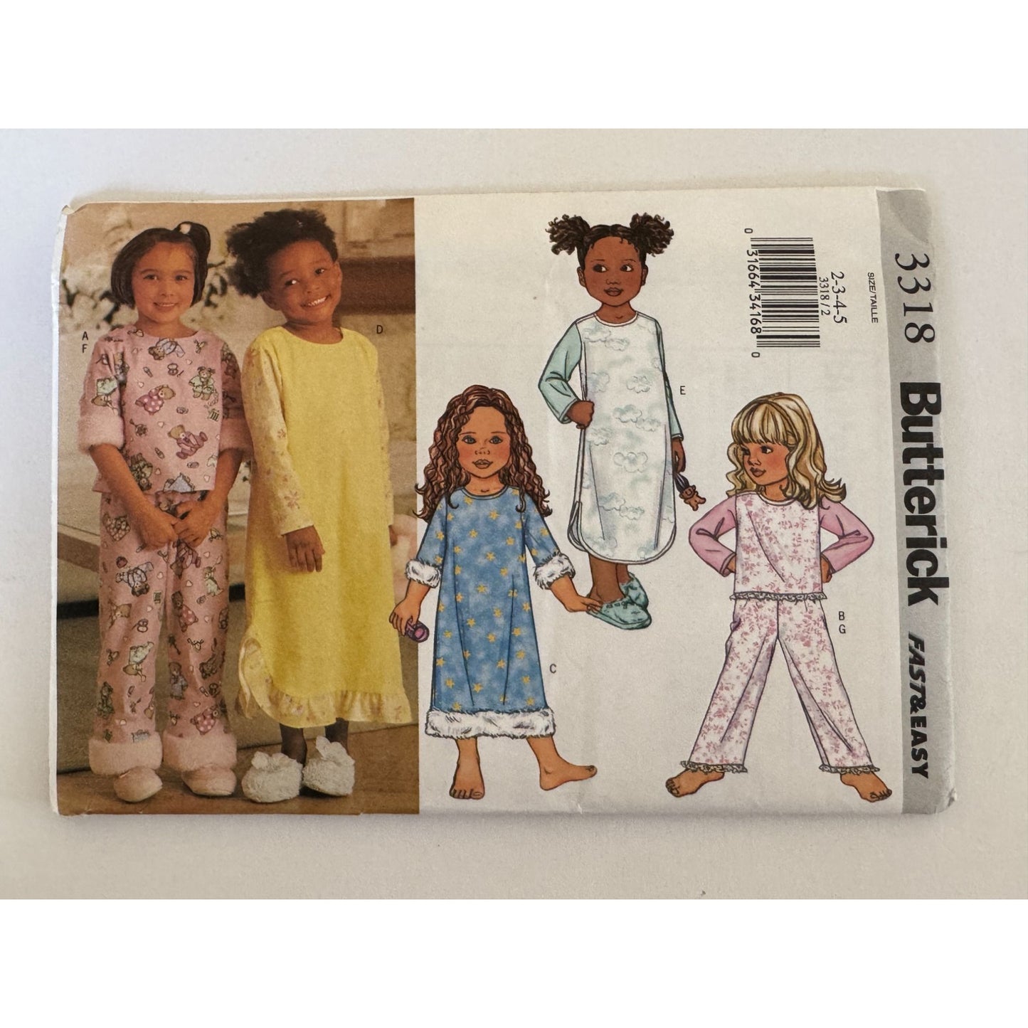 Uncut Butterick 3318 Toddler Girls Pajamas Sewing Pattern Size 2-5 Nightgown Pajama Set Kids Sleepwear