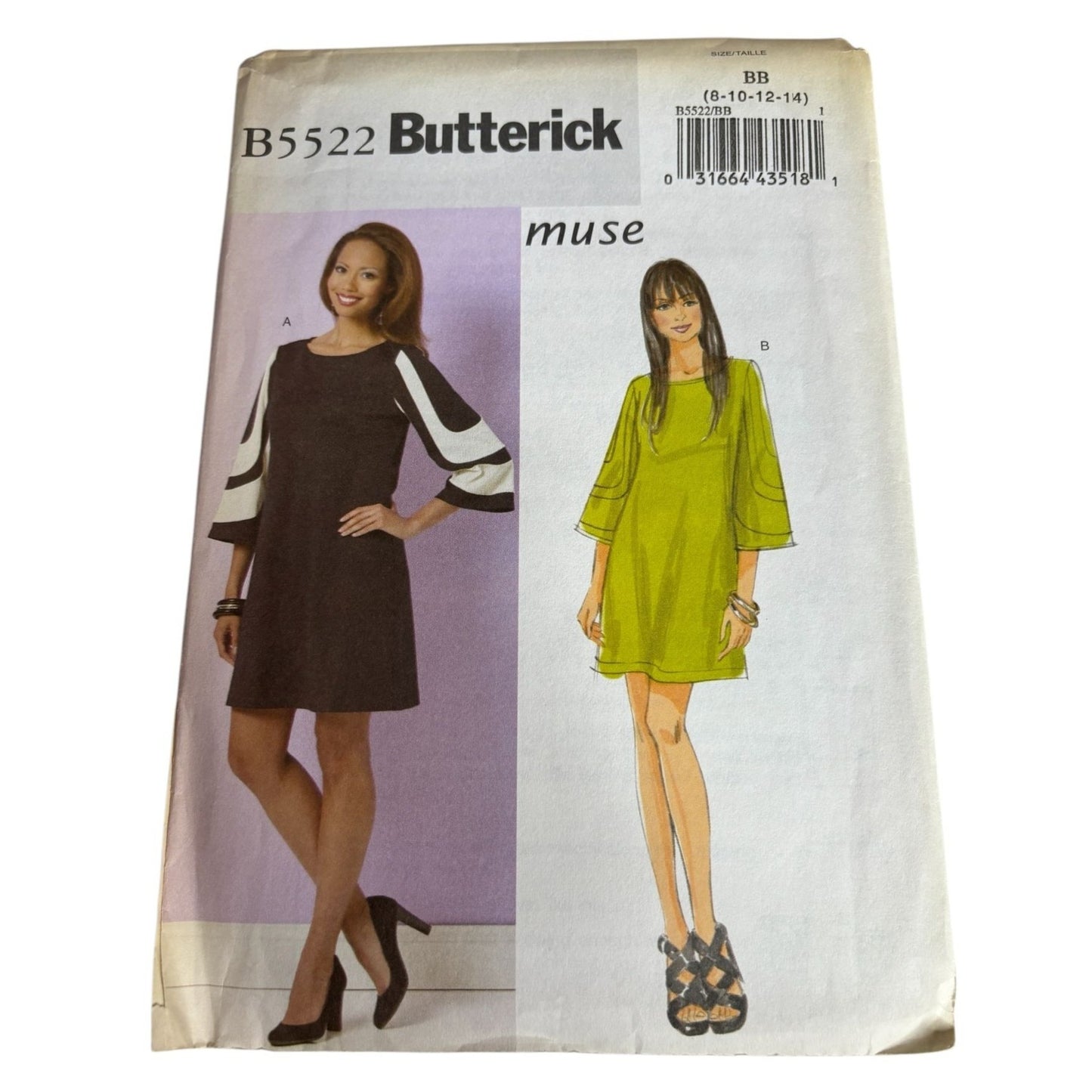 Butterick Sewing Pattern B5522 Dress Size 8 10 12 14 A-Line Pullover Bell Sleeve