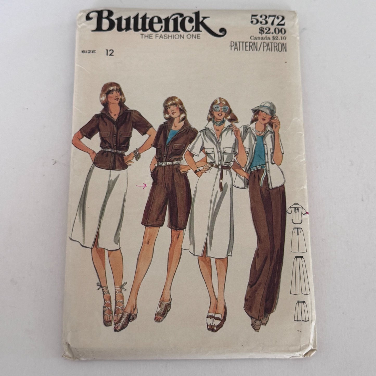 Butterick Sewing Pattern 5372 Safari Style Shirt Skirt Pants Shorts Vintage 1970s 12 Uncut