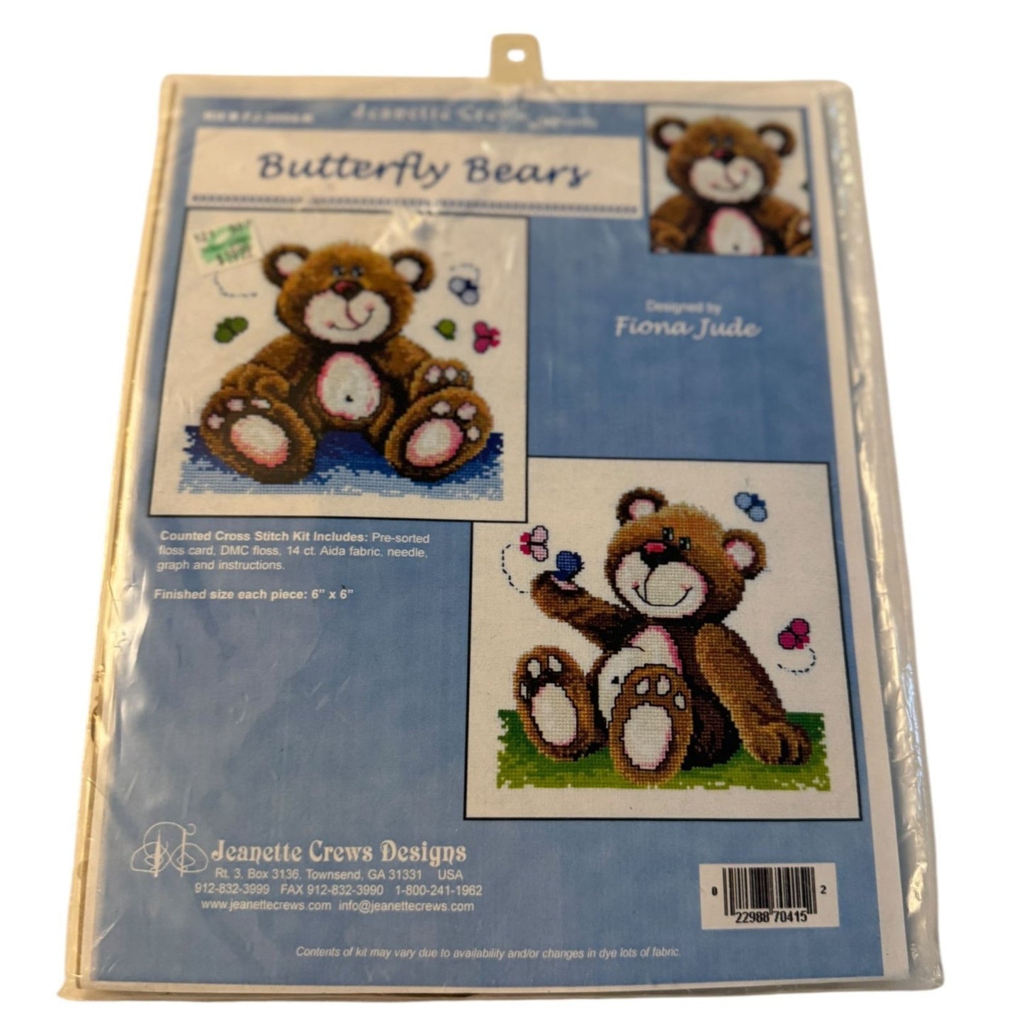 Jeanette Crews Cross Stitch Kit Butterfly Bears by Fiona Jude Baby Room Teddy