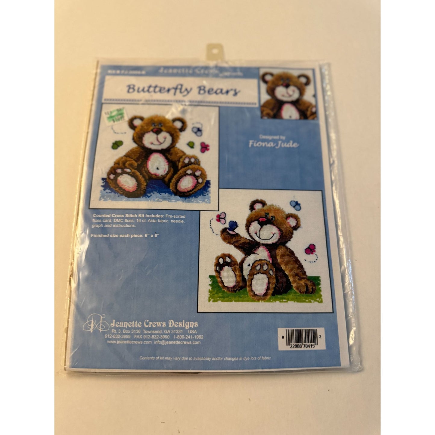 Jeanette Crews Cross Stitch Kit Butterfly Bears by Fiona Jude Baby Room Teddy