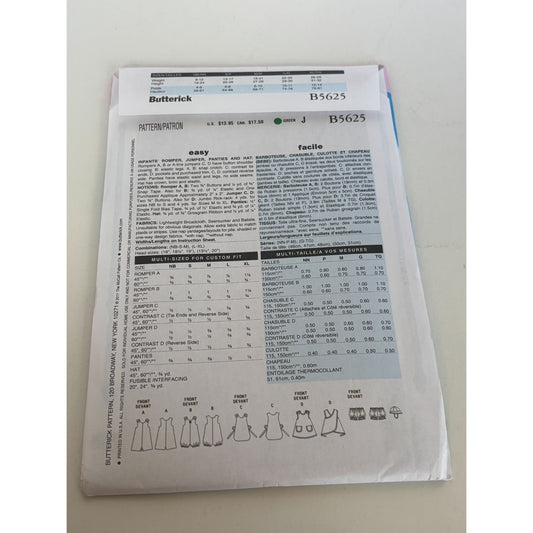 Butterick Sewing Pattern B5625 Infant Baby Romper Jumper Hat Set Summer Uncut