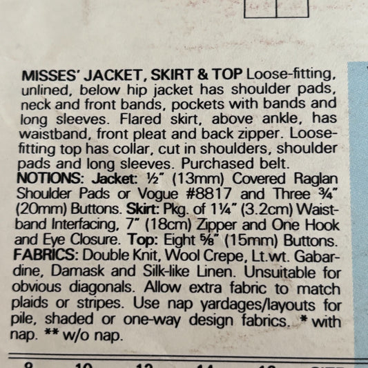 Vogue Sewing Pattern 1806 Individualist Jacket Skirt Top 80s Quiet Luxury 12 Uncut Minimalist