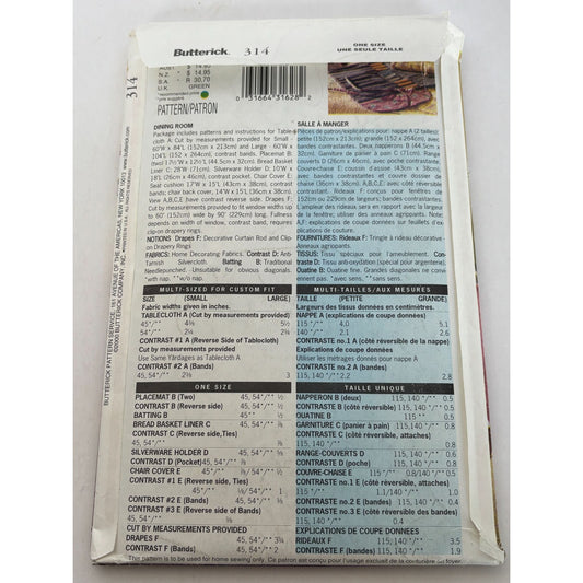 Butterick Sewing Pattern 314 Waverly Dining Room Decor Tablecloths Chair Covers