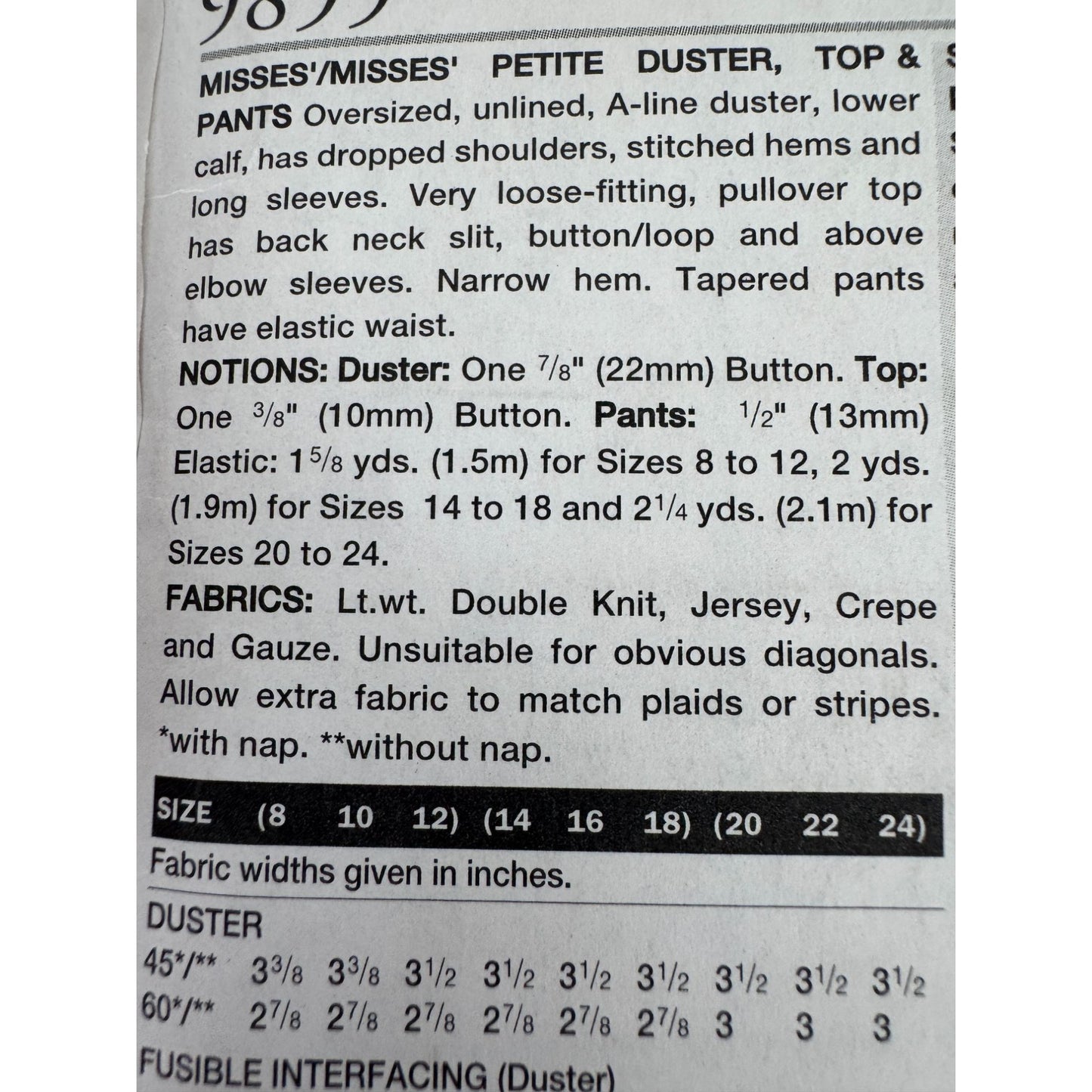 Vogue Sewing Pattern 9899 Oversized A-Line Duster Top Pants Easy Work 8 10 12 UC