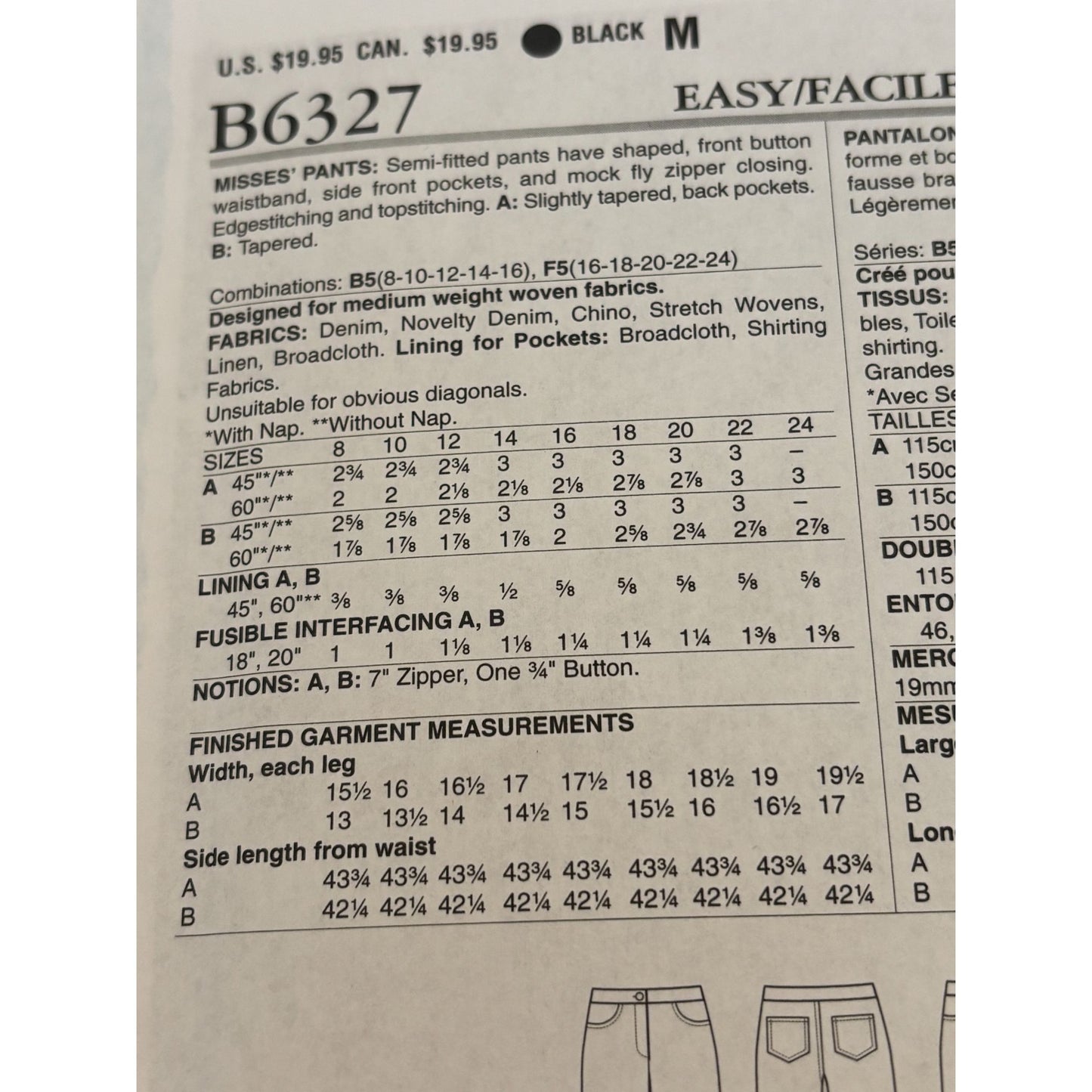 Butterick Sewing Pattern B6327 Misses Semi-Fitted Pants Sizes 16-24 Easy Uncut
