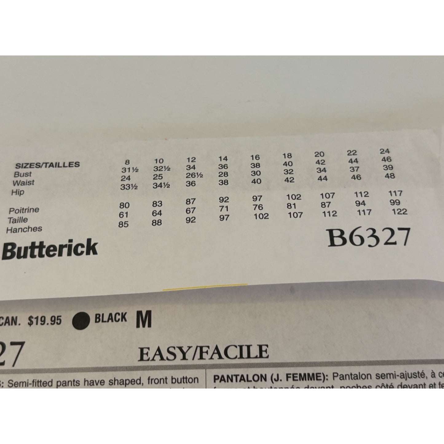 Butterick Sewing Pattern B6327 Misses Semi-Fitted Pants Sizes 16-24 Easy Uncut
