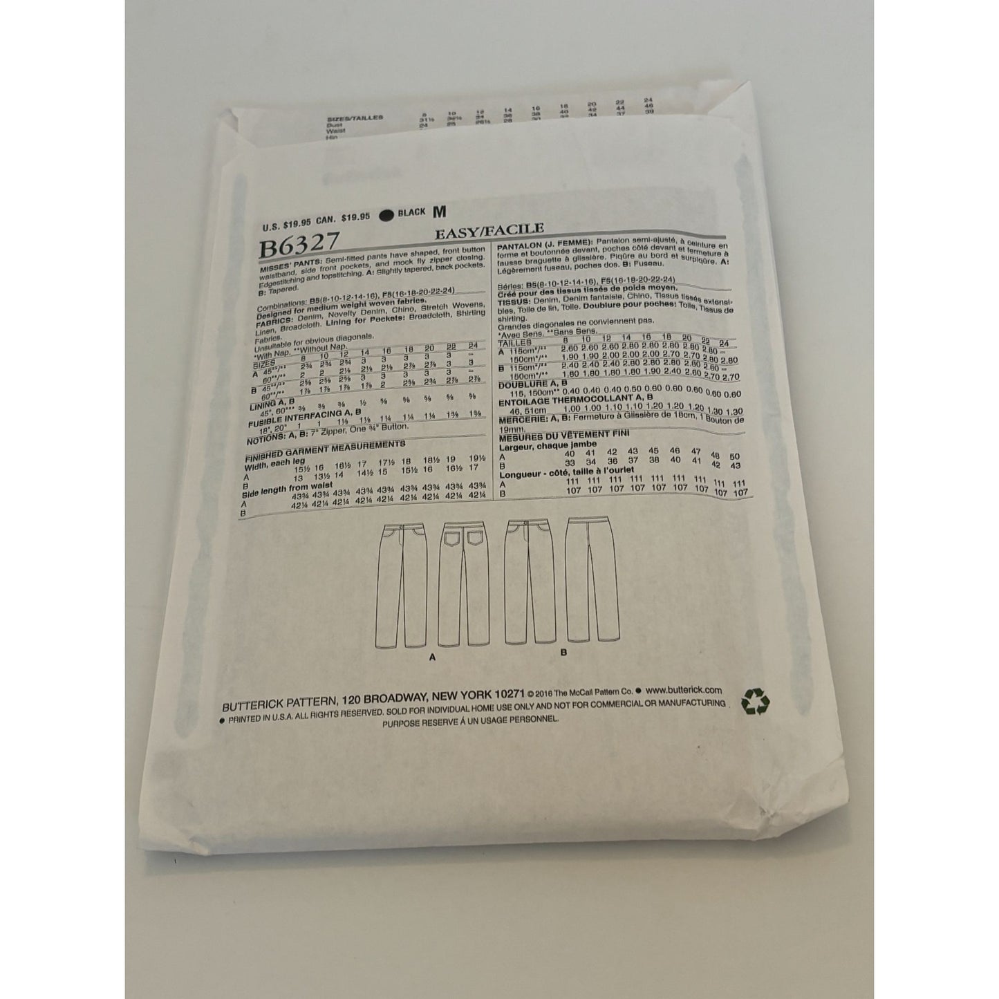 Butterick Sewing Pattern B6327 Misses Semi-Fitted Pants Sizes 16-24 Easy Uncut