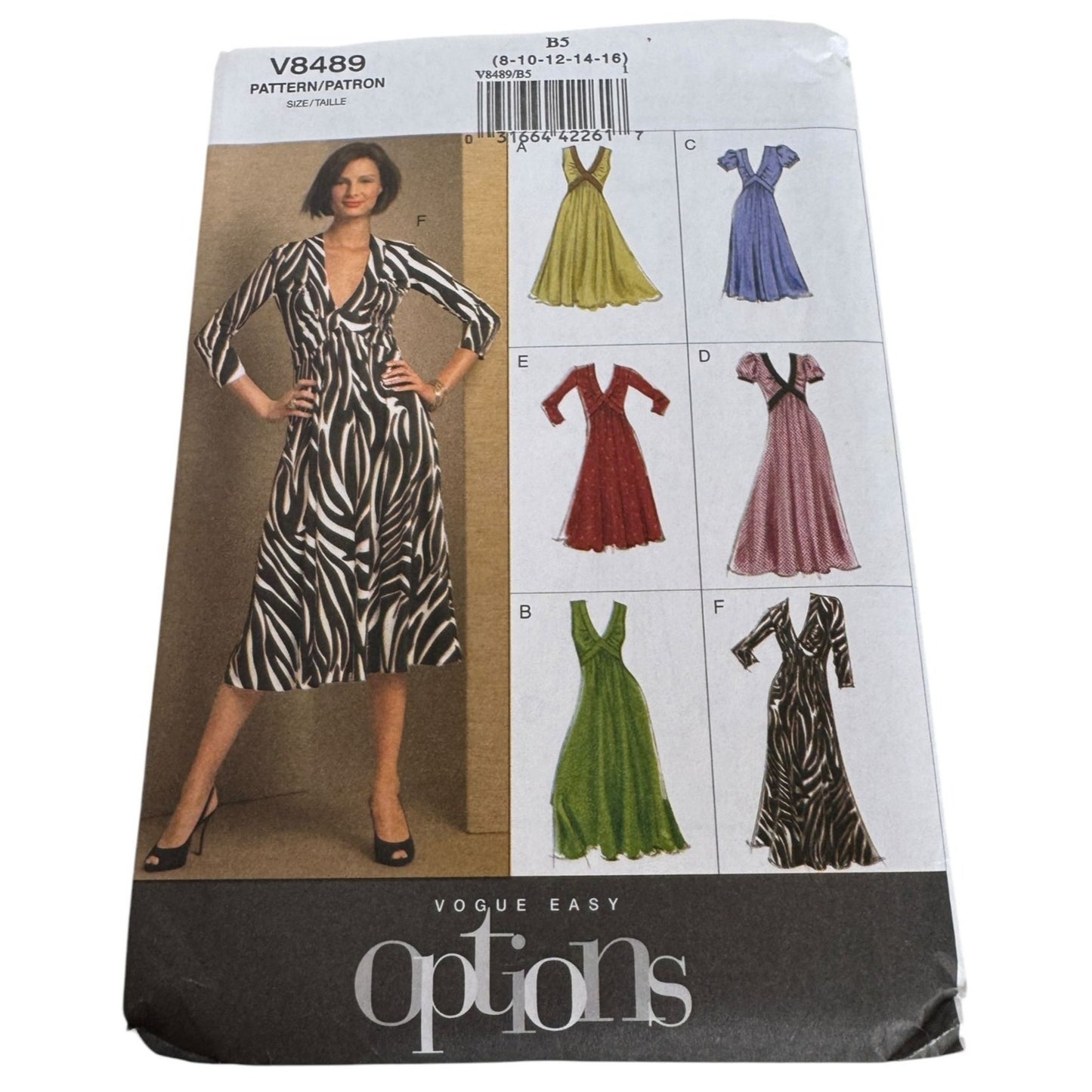 Vogue Sewing Pattern V8489 Dress V-Neck Back Zipper Multiple Styles Easy 8-16 UC