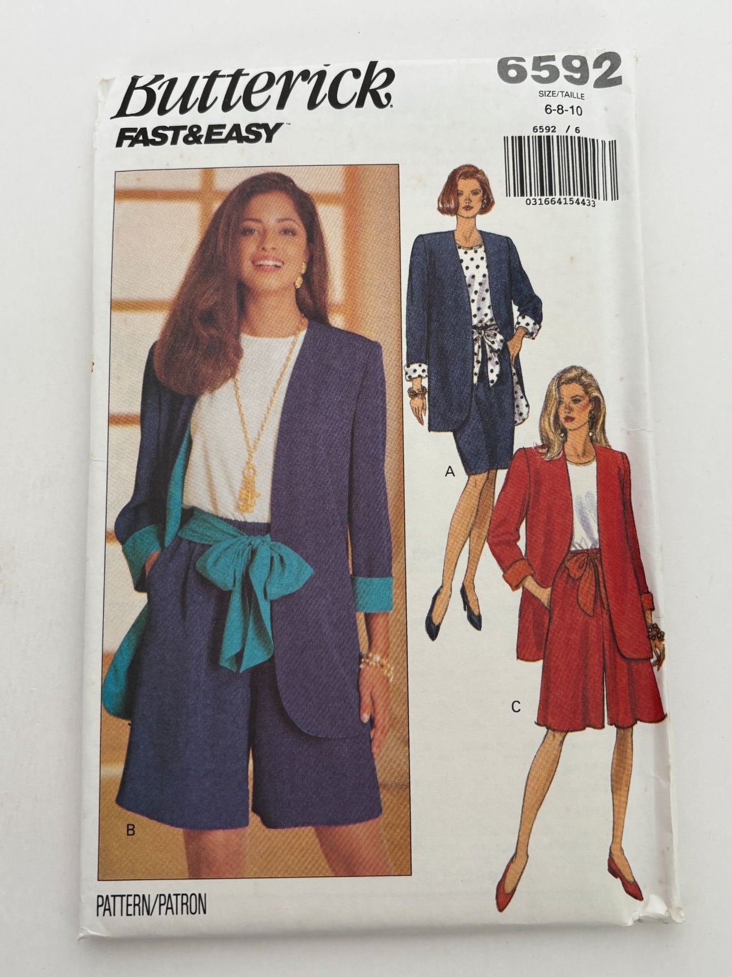 Butterick Sewing Pattern 6592 Jacket Top Skirt Shorts Easy 6 8 10 90s Vintage UC