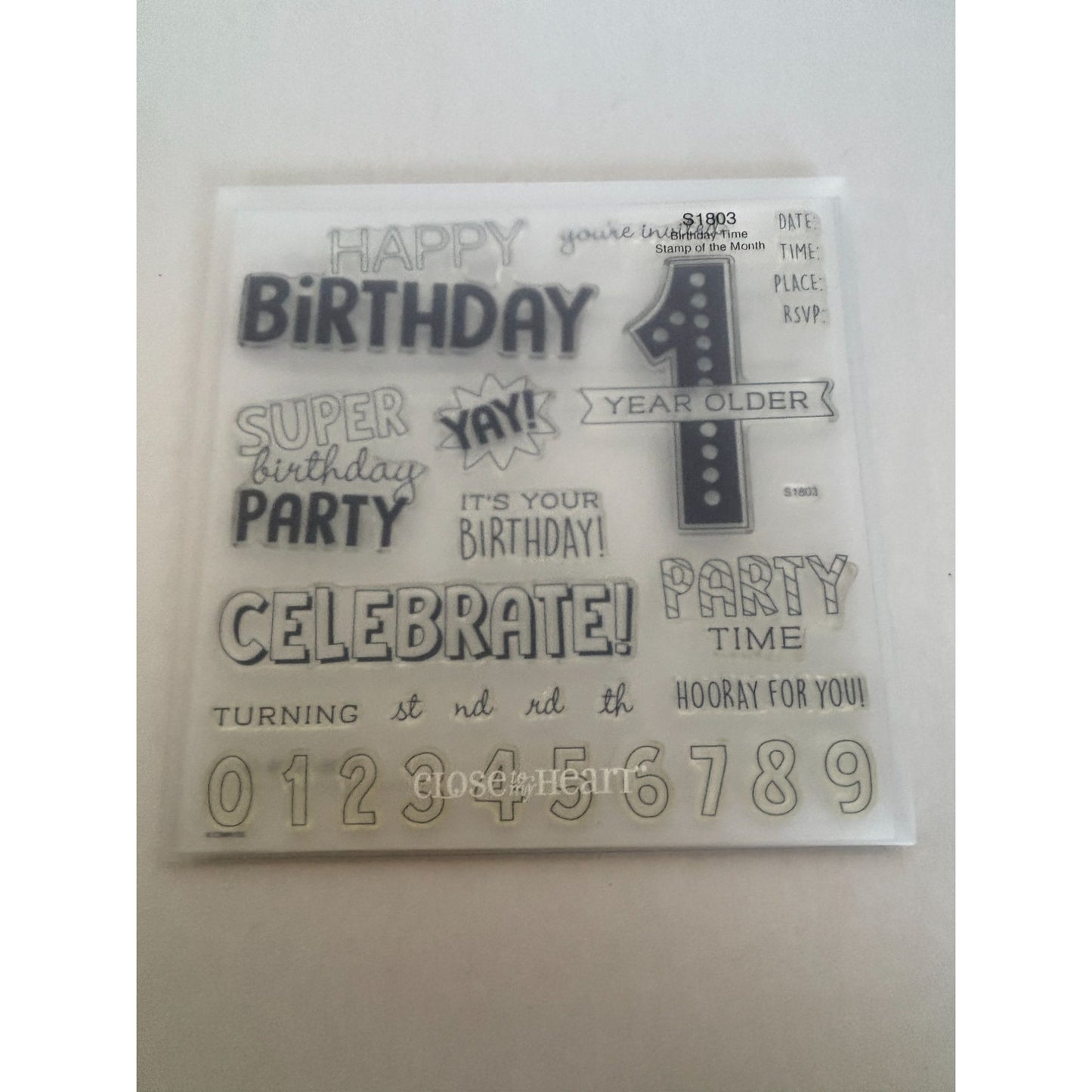 CTMH Acrylic Stamp Set Birthday Time Party Invitation 1 Year Older Words S1803
